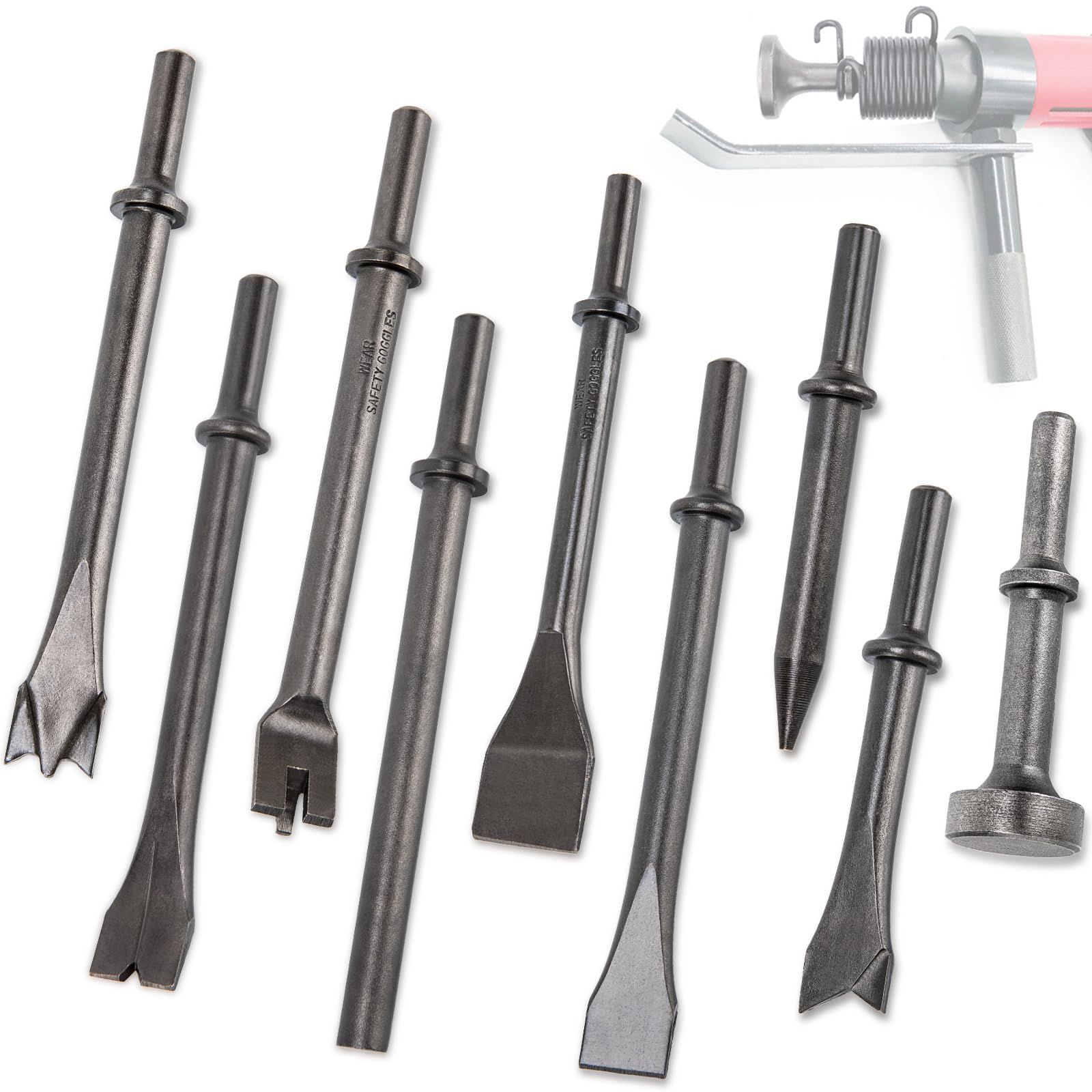 Air Hammer Bits Set - 9pcs Pneumatic Hammer Chisel Bits, Air Chisel Bits, Air Hammer Punch Chipping Bits Set, Air Hammer Atachments for Tile Masonry Concrete Stone Demolition, Rust Removal, Drilling