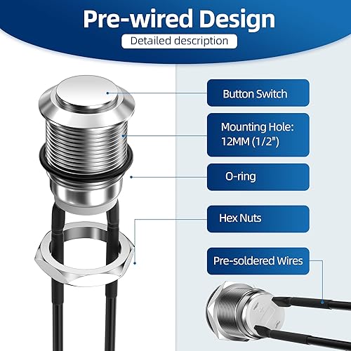 Miniatura 4 de DaierTek Interruptor de botón momentáneo de 12 V, 0.472 in, interruptor de botón de metal pequeño impermeable plateado normalmente abierto (ON)