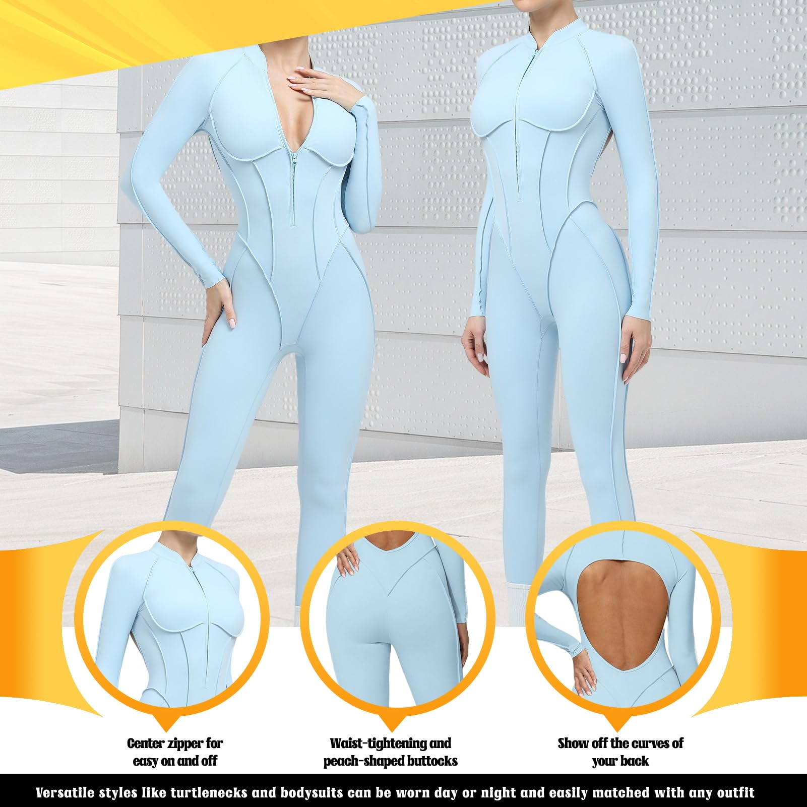 Damen Sport Jumpsuit Lang Eng Yoga Overall Langarm V-Ausschnitt Playsuits Mit Reißverschluss Jogging Strampler Hosenanzug Trainingsanzug