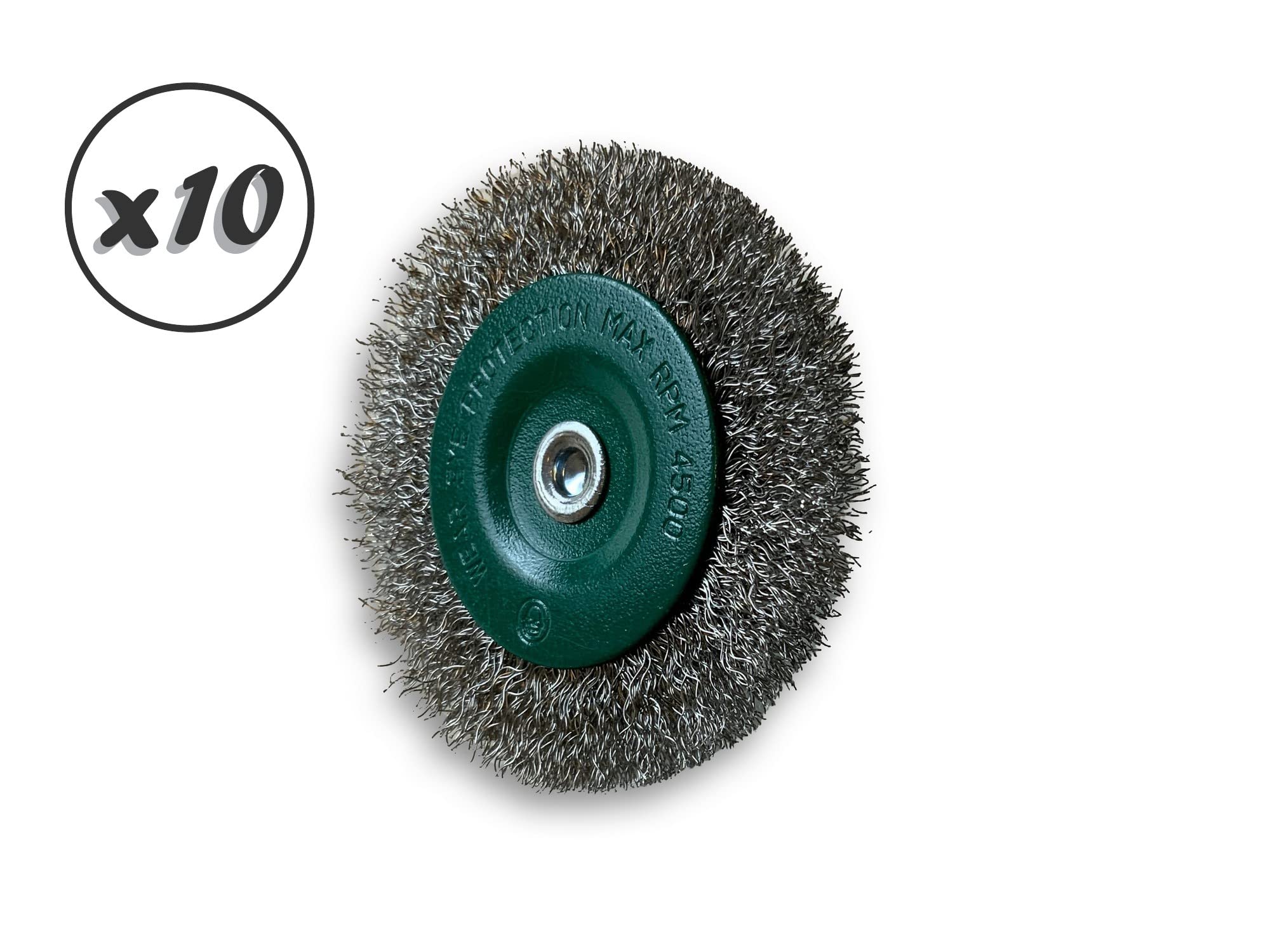 Zestaw 10 metalowych okrągłych szczotek obrotowych na pręcie Ø 75 mm | Drut ze stali nierdzewnej Ø 0,20 mm | Grubość 8 mm | 1 rząd | Do wiertarki lub wkrętarki z uchwytem | Kibros 2675IV8x10