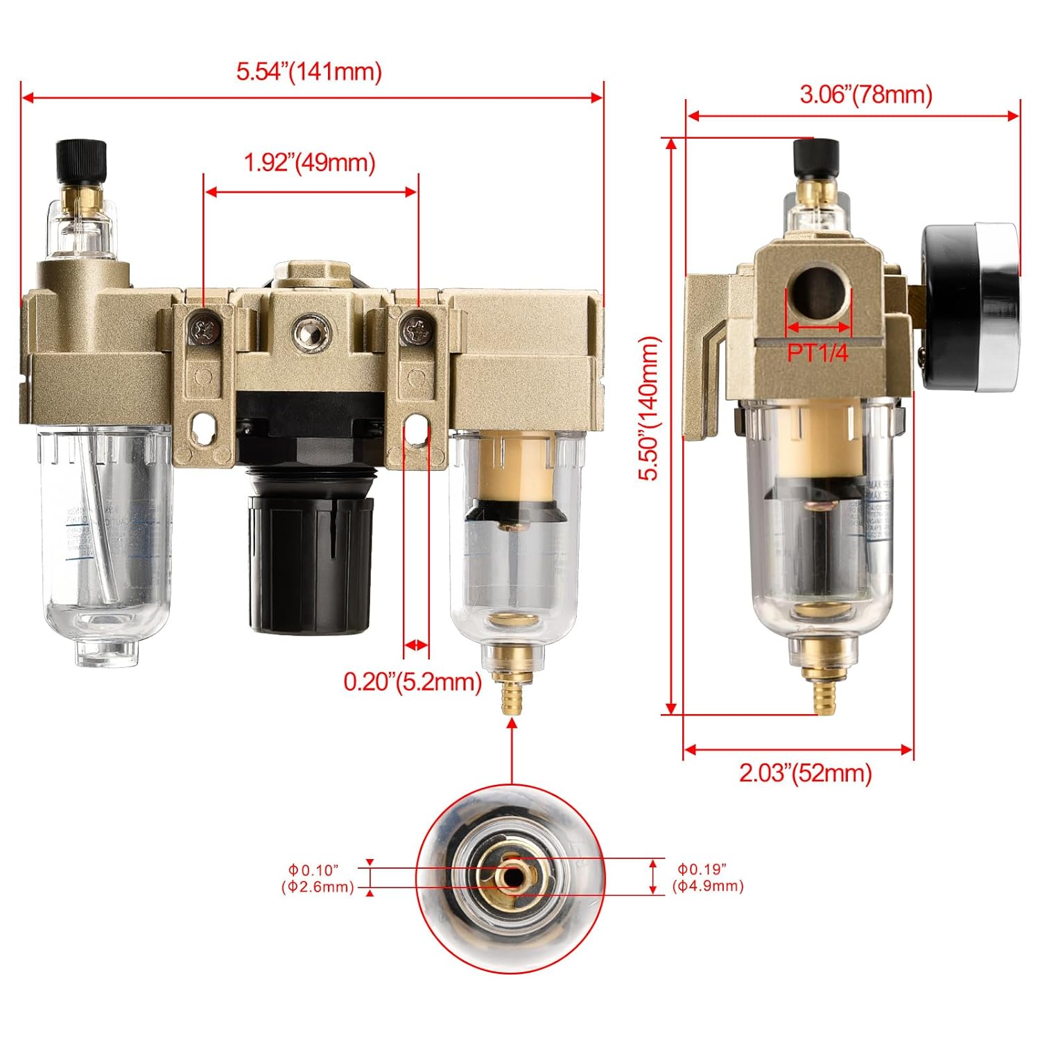 Heschen Air Source Treatment Regulator AC2000-02 0-1 MPa PT 1/4" with Gauge Range Filters