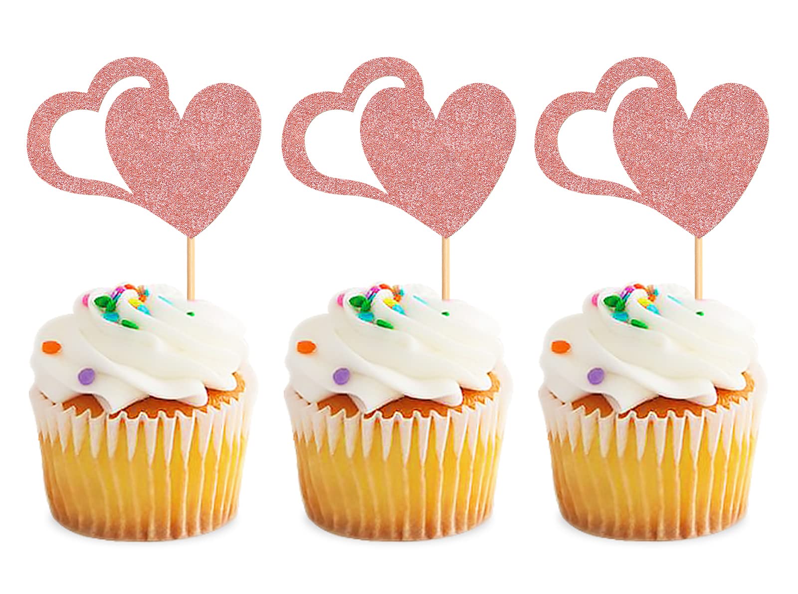 Blumomon 24Pcs Glitter Happy Valentine's Day Cupcake Toppers Cutie Love Heart Cake Decorations for Sweet Love Wedding Engagement Valentine's Day Bridal Shower Party Cake Decors Rose Gold