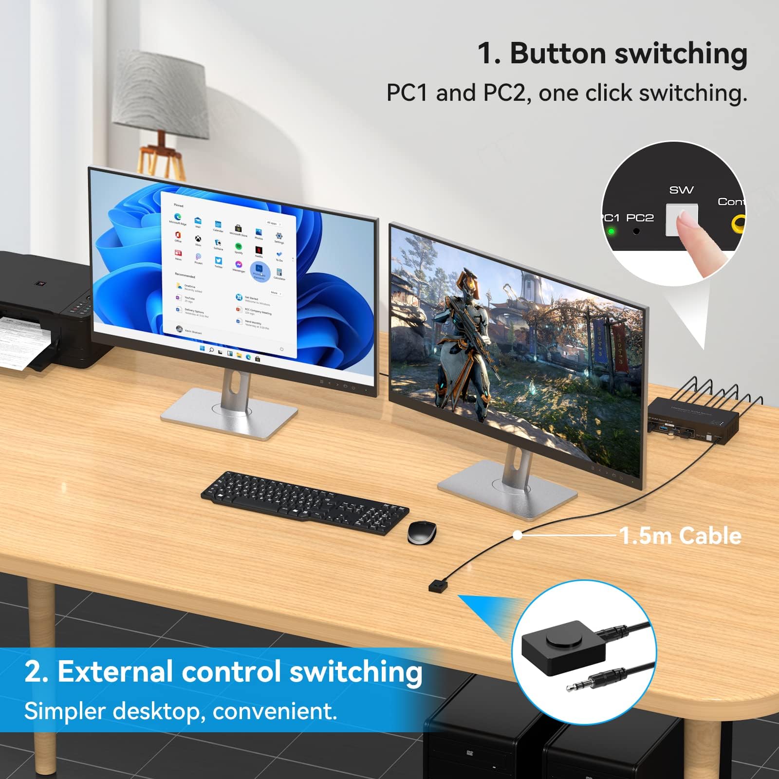 VPFET Switch KVM Displayport 8K@60Hz 2 monitor 2 computer USB 3.0 KVM Switch per 2 computer Condividi monitor doppi e 4 dispositivi USB Supporto 4K @120Hz DP 1.4 con kit esterno e adattatore 12V DC