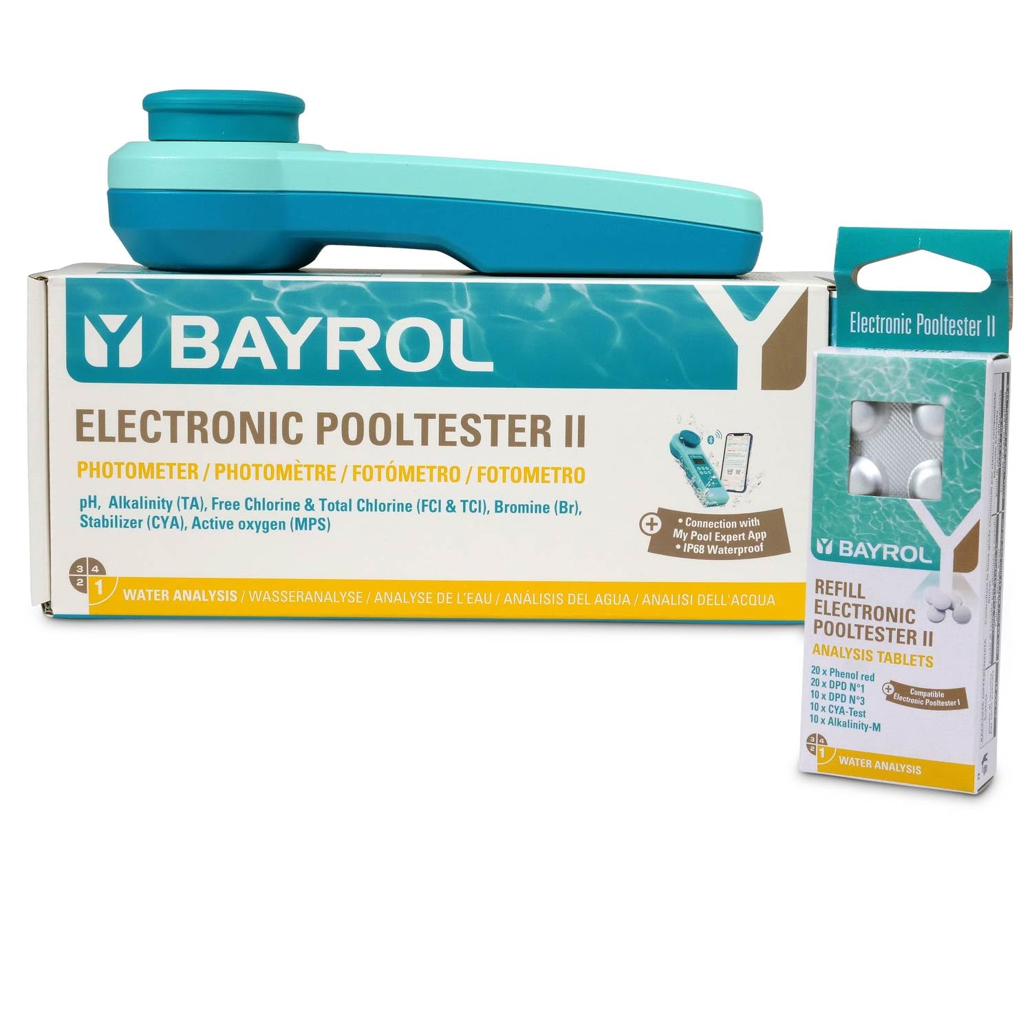 BAYROL Elektronischer Pooltester II Set mit Refill-Pack & Bluetooth | Digitales Photometer mit App-Anbindung, 140 Testtabletten und Analyse von bis zu 13 Wasserparametern