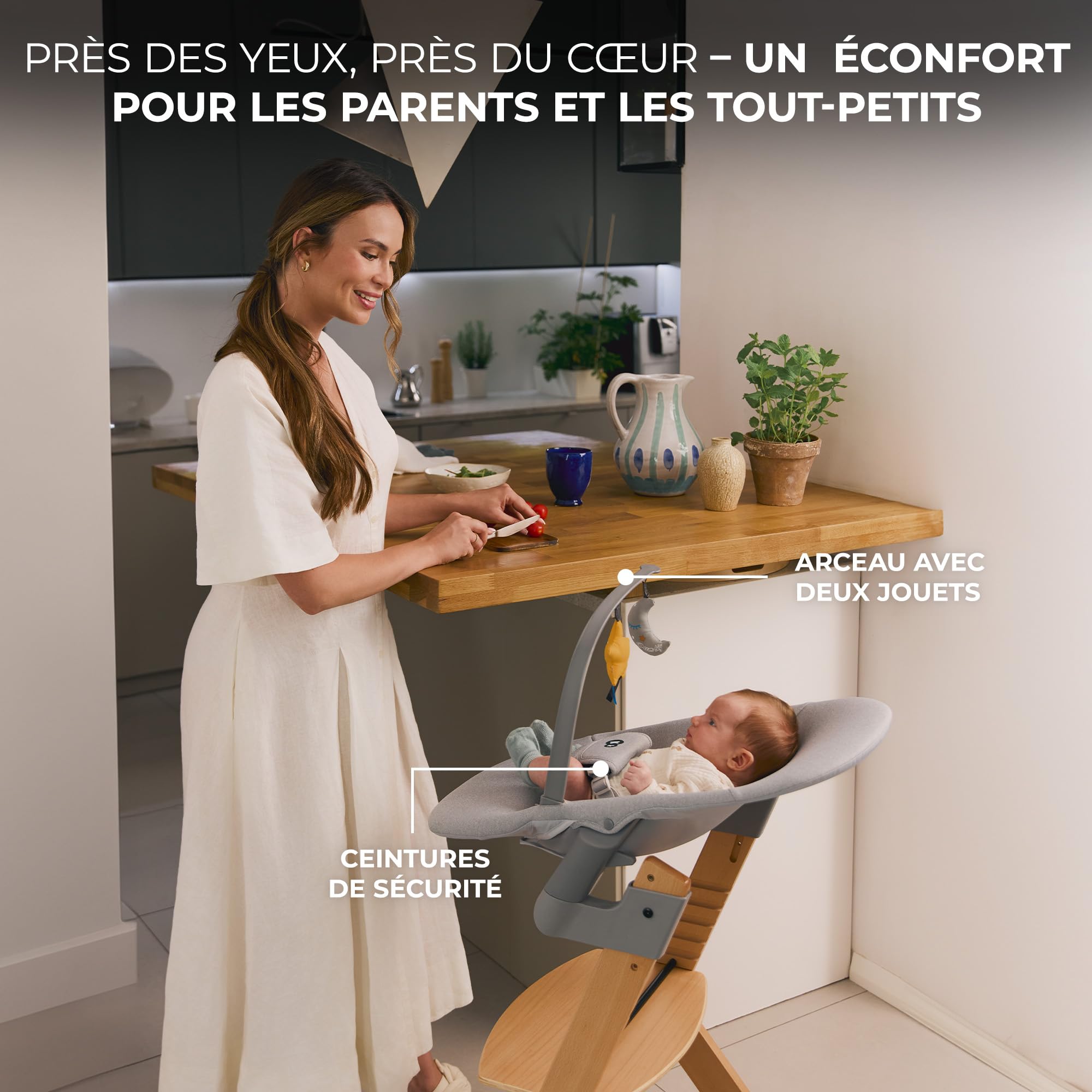 Kinderkraft ENOCK Chaise Haute Bébé + Transat CALMEE, Bois Naturel, Chaise d'alimentation Évolutive Réglable