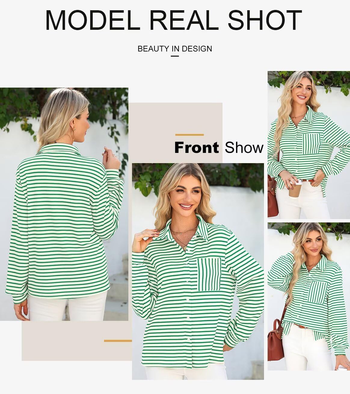 Astylish Women's 2025 Oversized Long Sleeve Shirts Button Up Striped Collared Front Pocket Top - Image 4