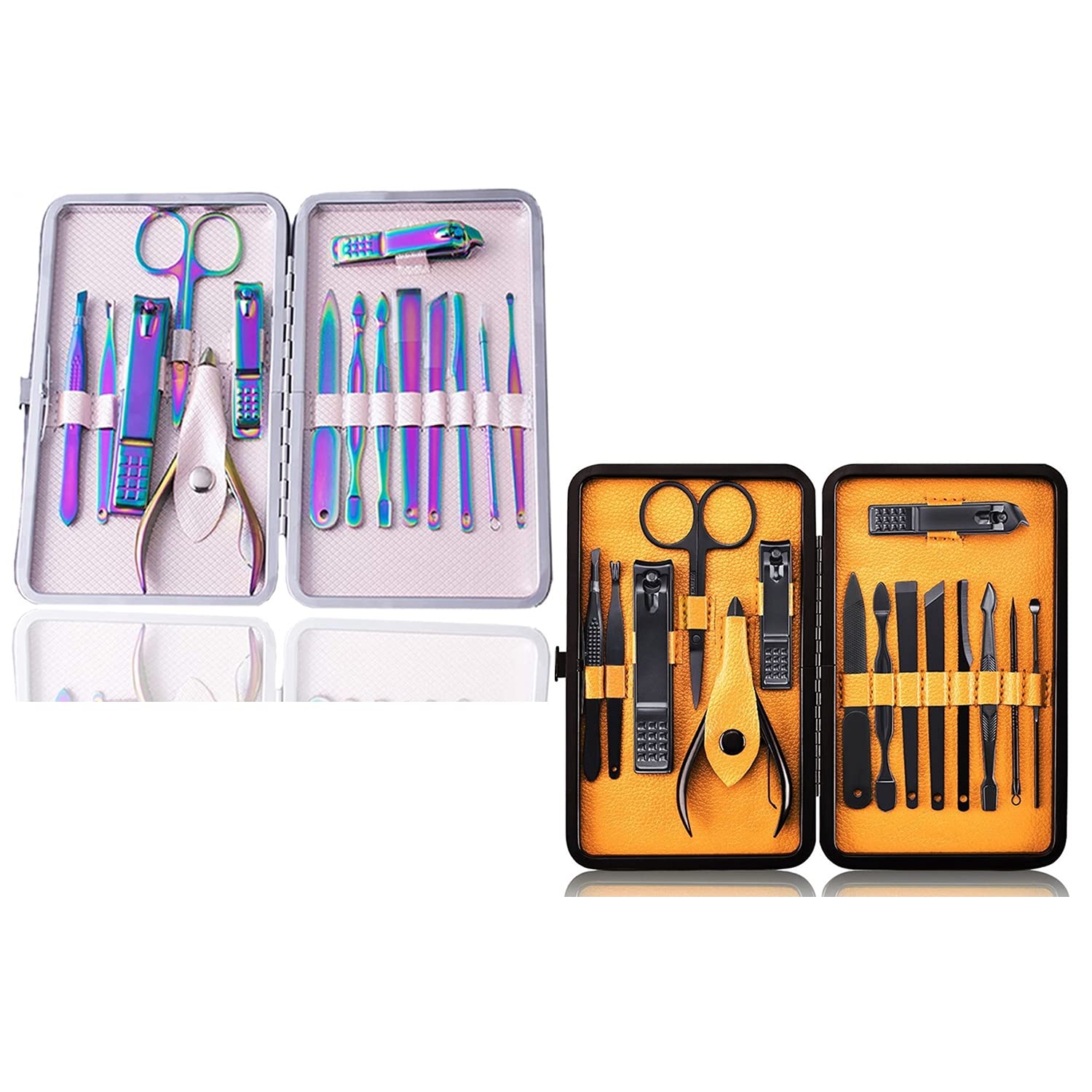 2 Pack Manicure Pedicure Set - FUNJIA 15 Piece Stainless Steel Nail Care Tools - Fingernail Clippers,Toenail Clippers -Portable Travel & Grooming Kit Tools : Health & Household