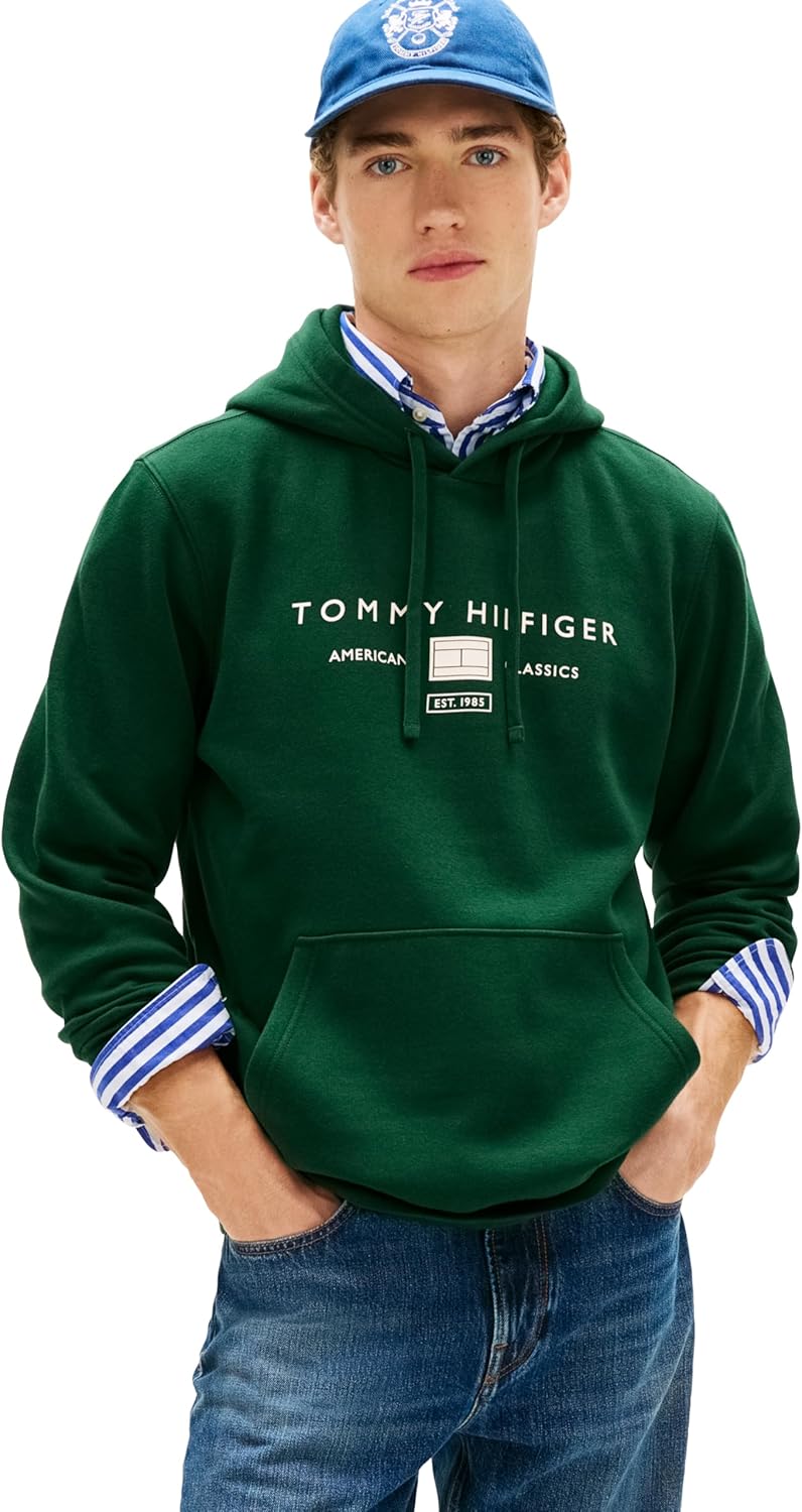 Tommy Hilfiger Men's Medium Weight Cotton Hoodie Sweatshirt With Printed Stacked Chest Graphic