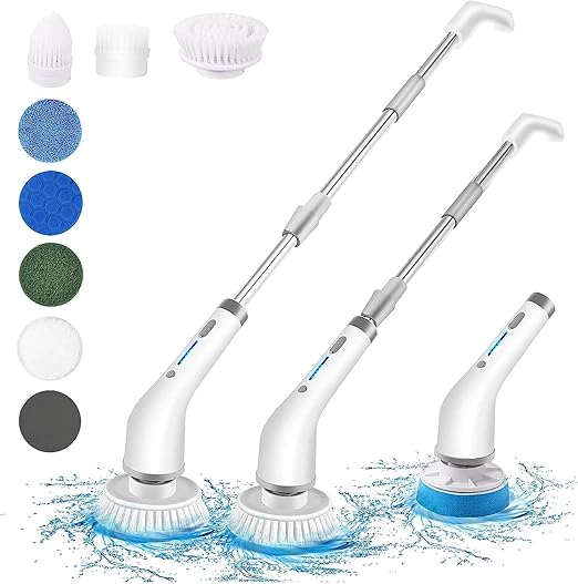 Electric Spin Scrubber, Portable Cordless Cleaning Brush with Adjustable Extension Rod Power Shower Scrubber with 8 Replaceable Cleaning Heads for Bathtub/Sink/Tile/Floor/Window/Bathroom