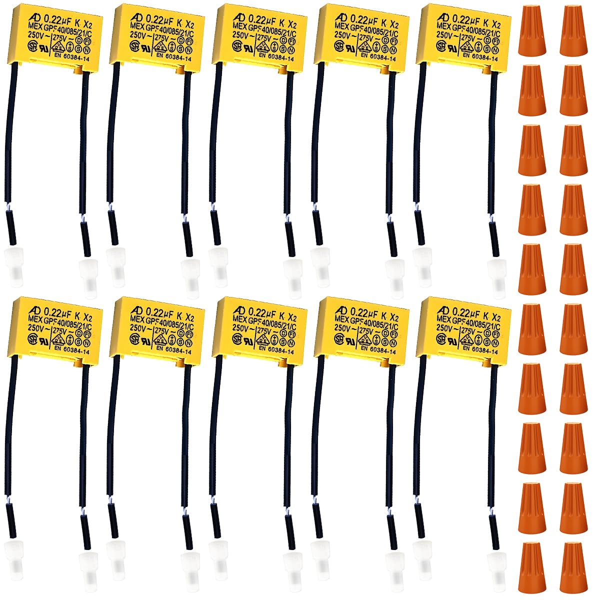 10 sztuk Polipropylen 0,22 uF 275V X2 MKP folia ochronna kondensatory do tłumienia zakłóceń w trybie różnicowym, 12 x 18 x 50 mm