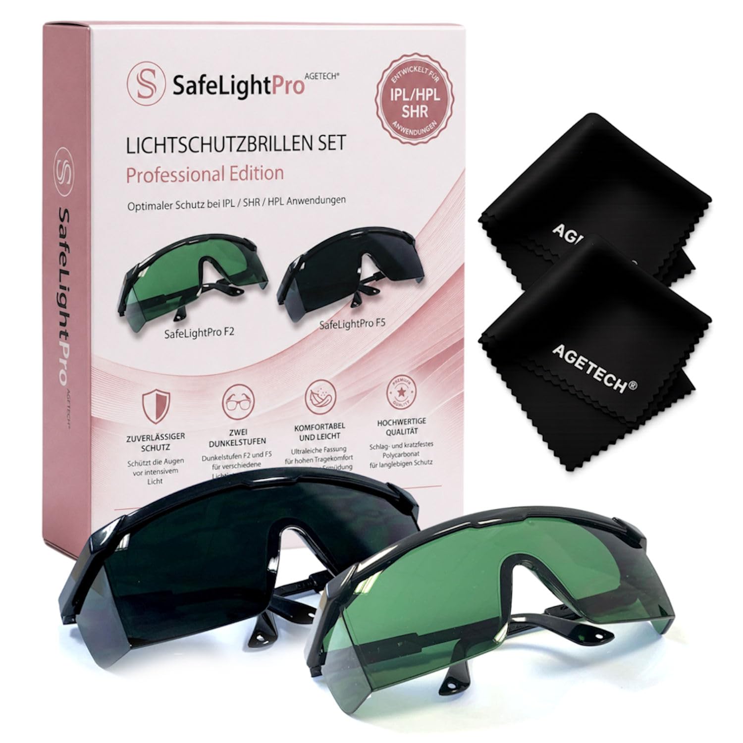 AGETECH SafeLightPro Professional Edition F2/F5 Lichtschutzbrillen-Set für die IPL/SHR/HPL Haarentfernung 250-3000nm, mit UV-C-Schutz