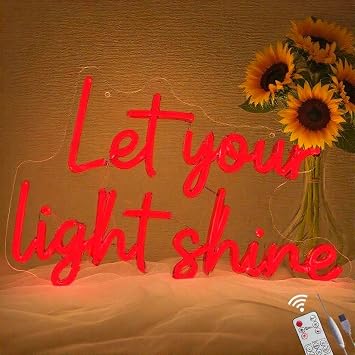 Let Your Light Shine Neon Lights Sign with Timer Remote Control,Dimmable LED Acrylic Light up Signs for Wall Decor,Christian Religious Gift for Church Sunday School VBS Party FavorRed