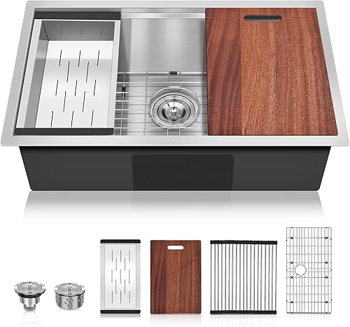 Tysun Fregadero de cocina de montaje inferior de 27 pulgadas, fregadero de cocina de calibre 16, fregadero de cocina de acero inoxidable con un solo