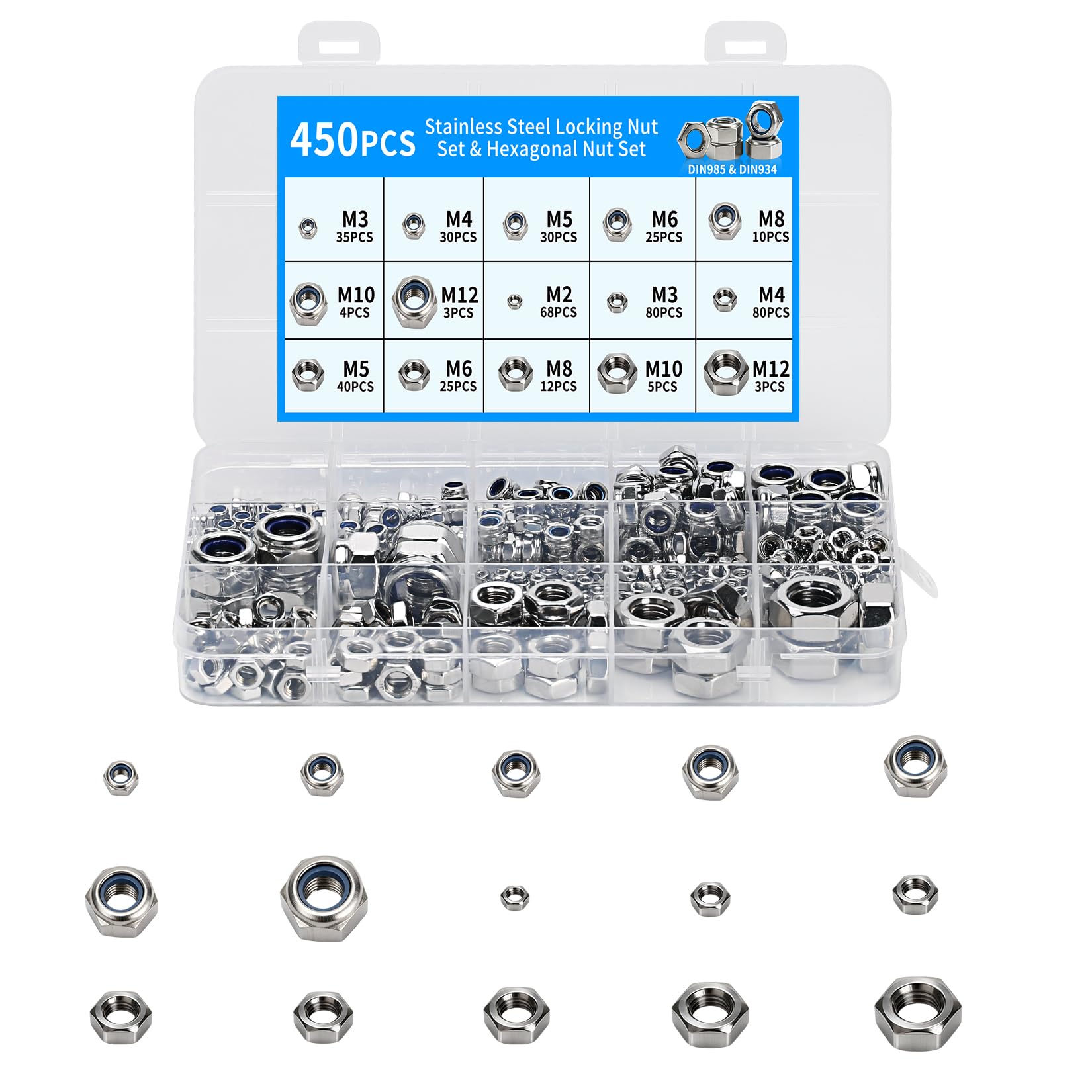 450 Pcs Hex Nutsset: Stainless Steel Nylock Nuts Self Locking Nuts with Nylon Insert Lock Fasteners & Hexagon Nut for Screws and Bolts, M2 M3 M4 M5 M6 M8 M10 M12 Locknuts