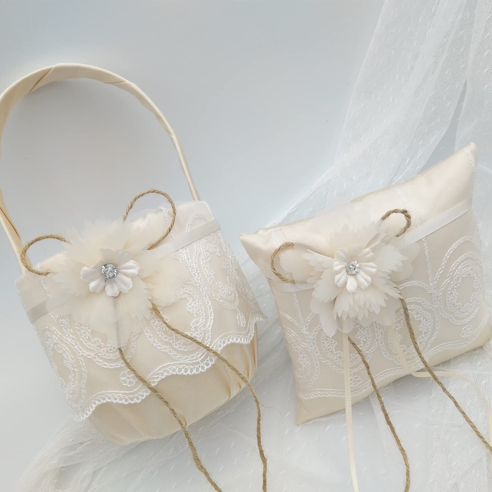 Conjunto de cojines para doncella de honor y porta alianzas, cojín para alianzas y cesta de flores, colección romántica de satén con lazo de encaje para fiesta de aniversario de