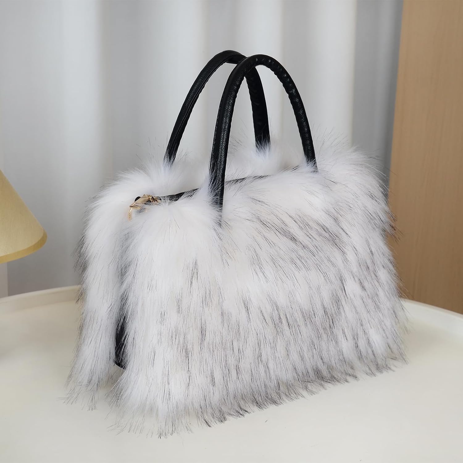 Women's Faux Fur Crossbody Tote Purse, Black Leather Handle Fluffy Fashion Shoulder Handbag