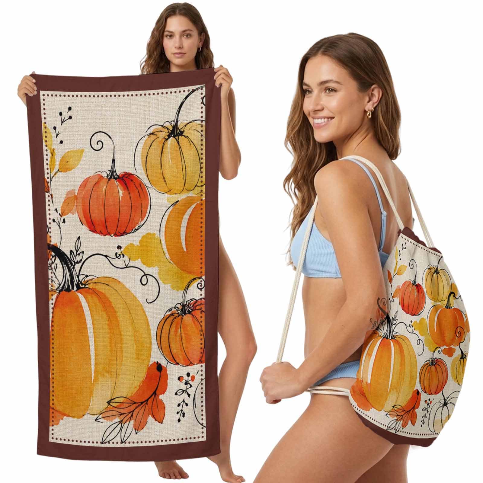 2-in-1 Beach Towel Backpack,Fall Thanksgiving Pumpkin Watercolor Orange Bath Towel with Built-in Storage Vintage Linen Convertible Foldable Beach Blanket for Travel Pool Gym Camping Swim,31x63in