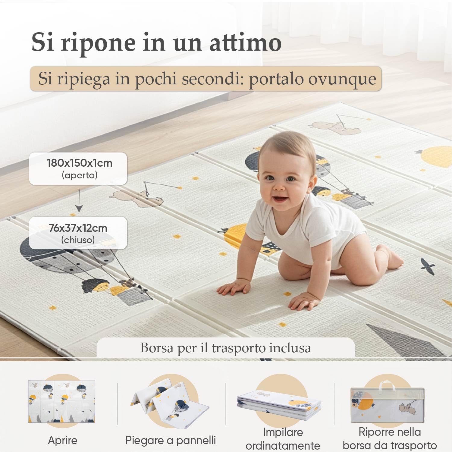 Tappeto Gioco Bambini Pieghevole con Trasportino | Alta Densità XPE Schiuma Non Tossica, Impermeabile e Facilità di Pulizia | Tappeto Neonato Gattonamento da Terra Imbottito 180×150 cm