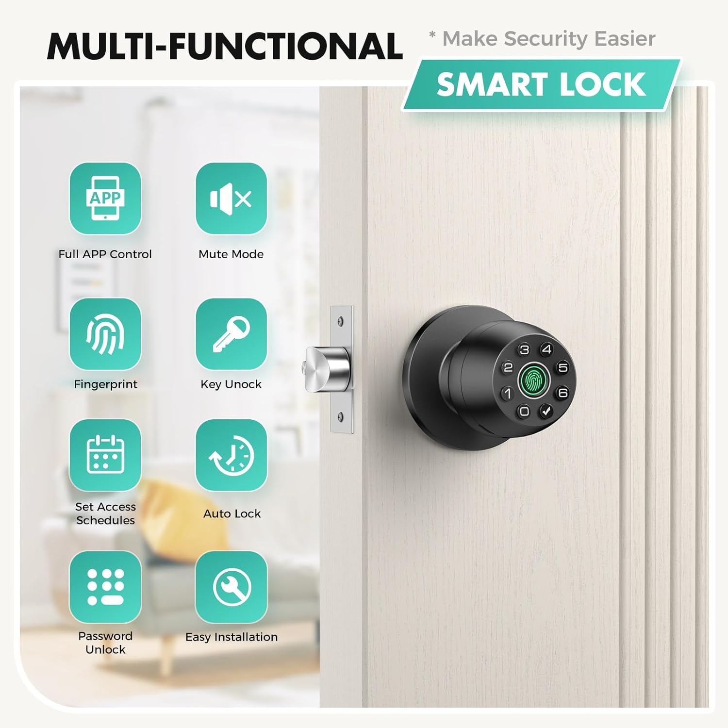 Fingerprint door lock, smart door knob with fingerprint and keypad password, App-controlled biometric door lock, keyless entry, suitable for bedrooms, offices, hotels, and apartments (matte black)