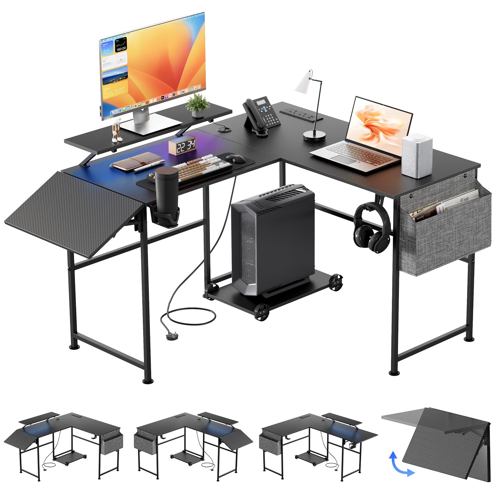 L Shaped Computer Desk with Folding Desk Extender Tray & Power Outlet,Black