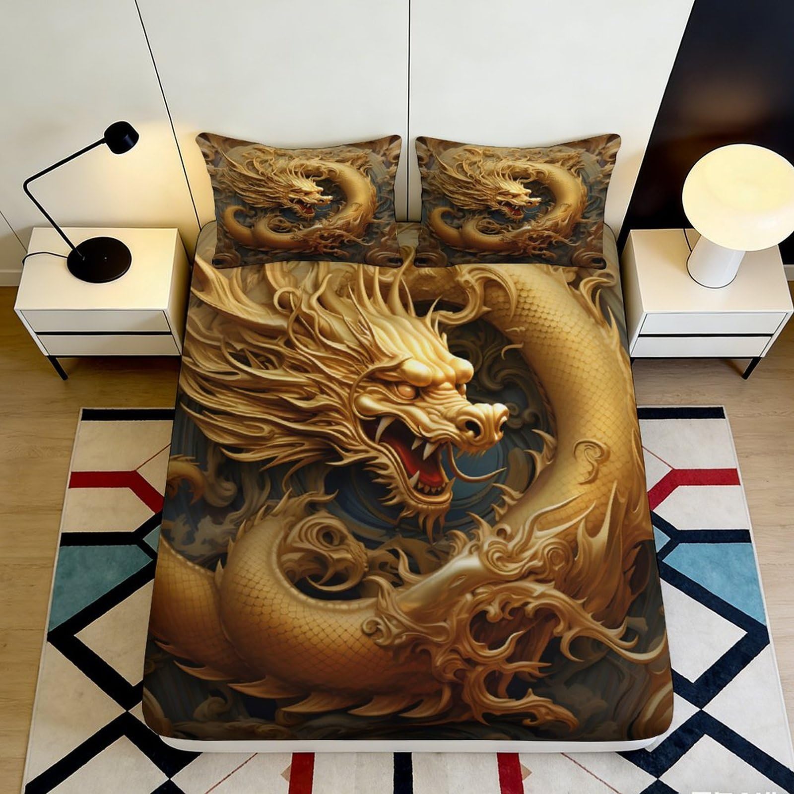 3D Printed Golden Dragon Fitted Sheet Microfiber Durable Soft 3D Printed Dragon Mattress Cover for Bedroom Dormitory Guest Room Bed Protection 200x200x25cm