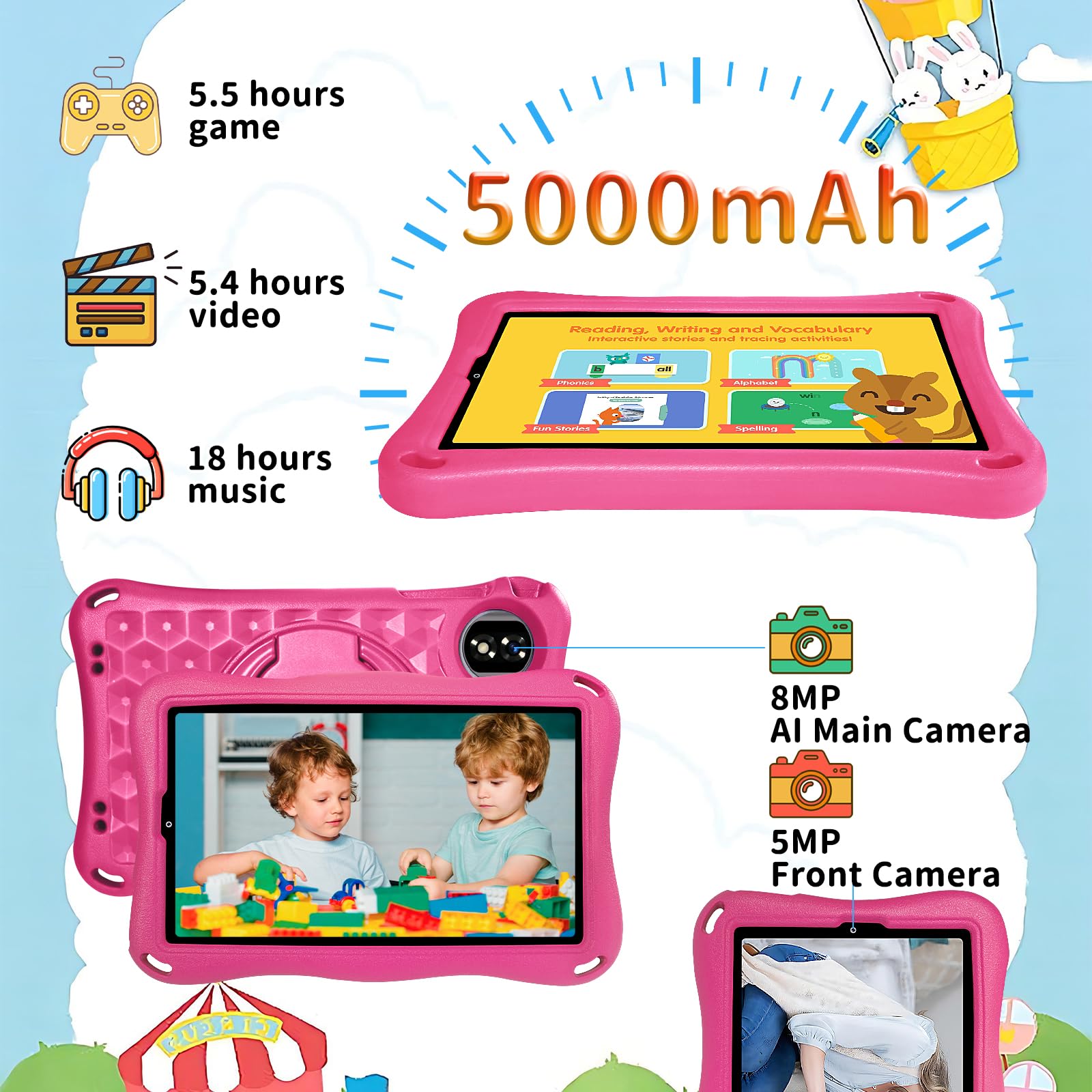 Tablet Bambini 9 Pollici Android 15 Tablet con Gemini Al, 12GB RAM+32GB ROM/TF 2TB,Octa-Core,2.0GHz,5G WiFi6,BT5.0,8+5MP,5000mAh,Widevine L1,Parentale Controllo Tablets con Eva Caso-Rosa