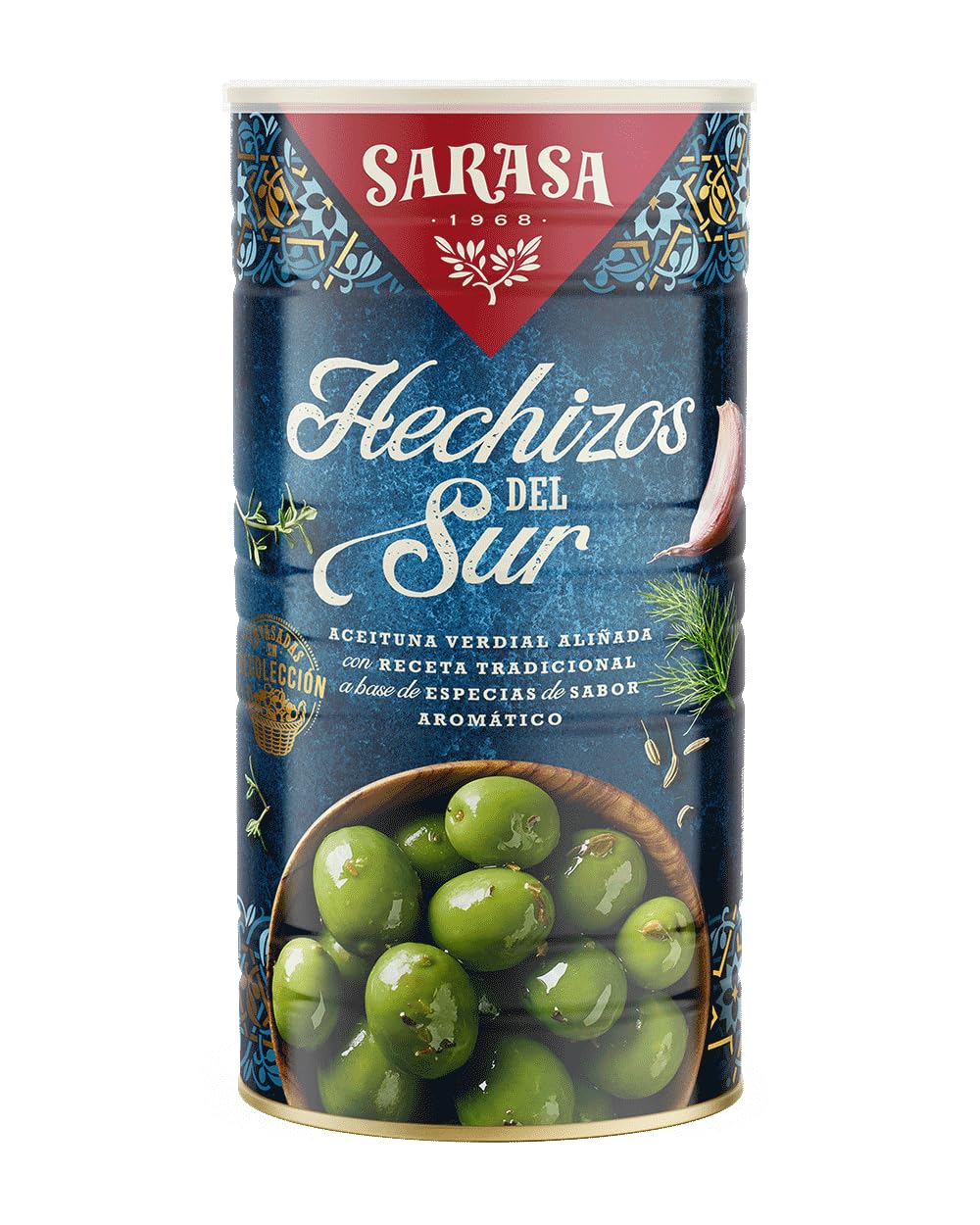 " HECHIZOS DEL SUR" SARASA - SABROSAS ACEITUNAS ALIÑADAS CON RECETAS TRADICIONALES (PESO NETO 1450g (PESO ESCURRIDO 750g), 3 LATAS)