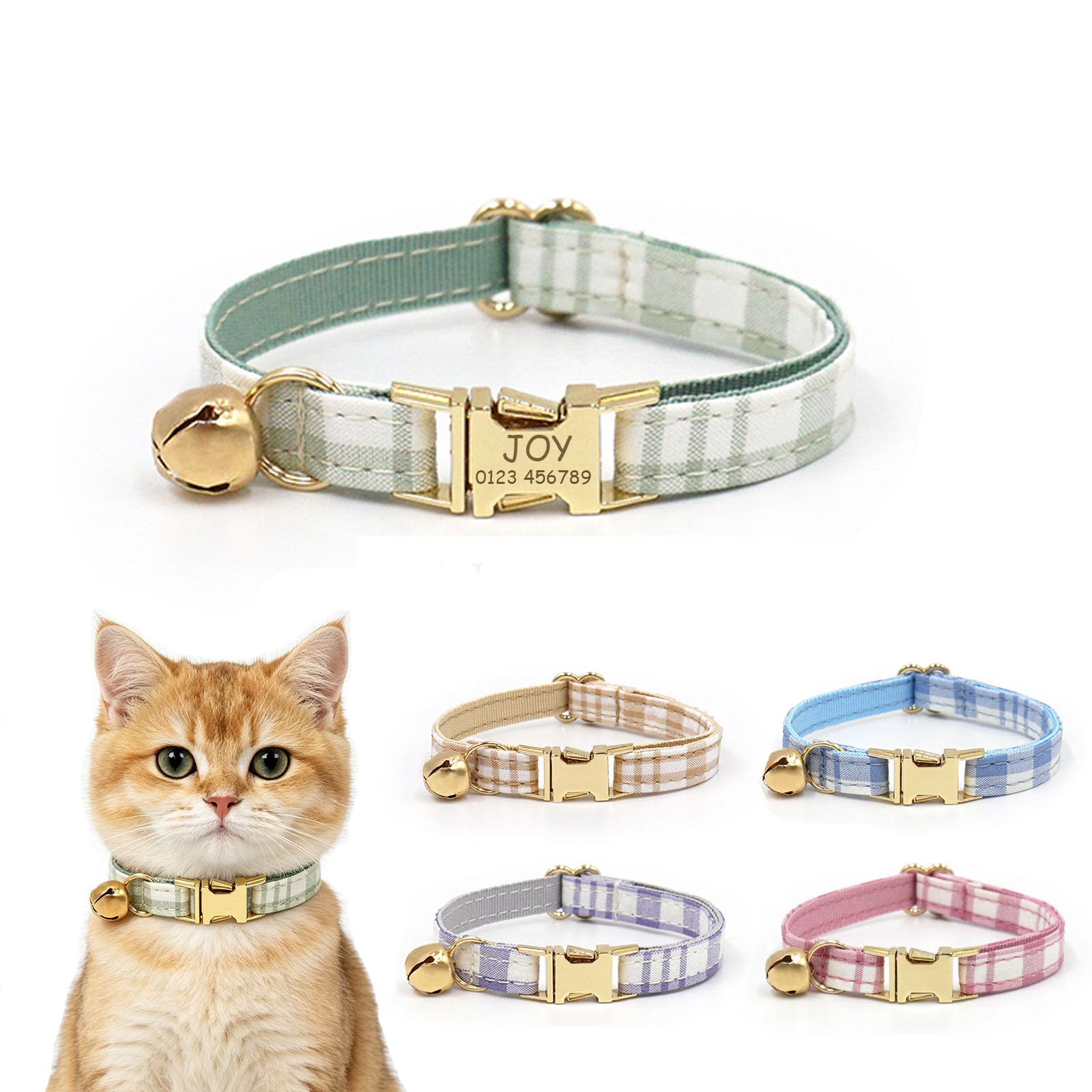 Personalised Plaid Cat Collar with Name and Phone Number, Adjustable Bow Cats Collars with Bell and Metal Buckle for Kitten Puppy and Small Pets (Green) — image 1