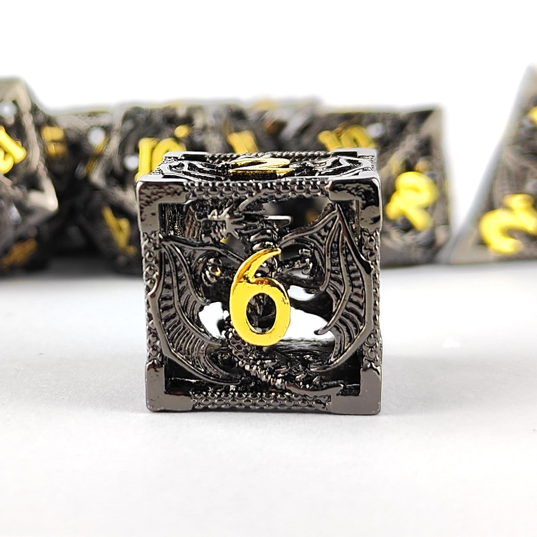 Hollow Dragon Metal Dice,Unique Dungeons and Dragons Polyhedral Dice Set for D&D TRPG,MTG,Pathfinder,Table Board Roll Playing Games D4 D6 D8 D10 D% D12 D20 (Black and Gold) — image 1