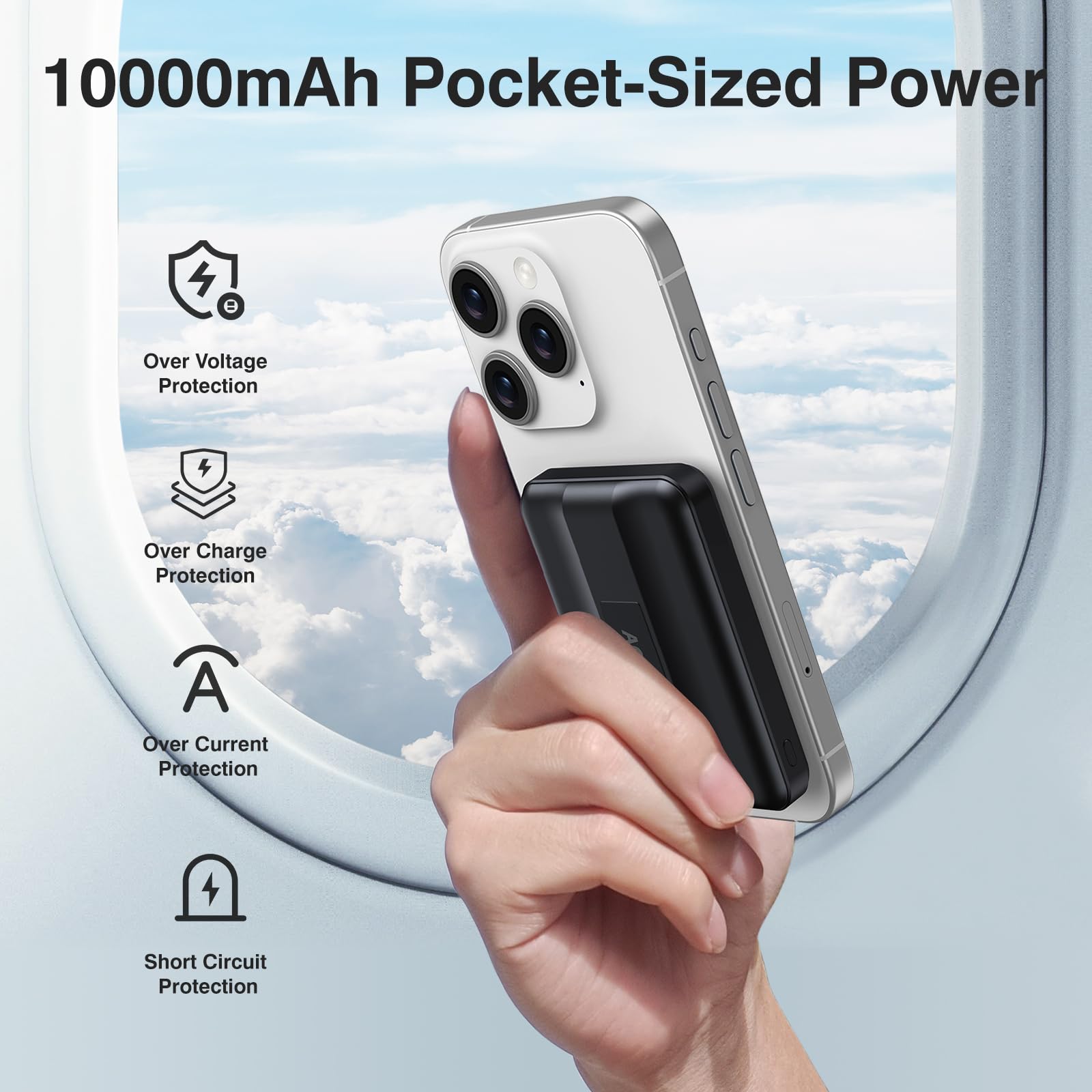 AOGUERBE Batterie Externe avec Magsafe pour iPhone, 10000mAh Power Bank Magnétique Sans Fil - Wireless Pliable Magnetic Battery PD 22.5W Charge Rapide et Affichage LED Chargeur pour iPhone 12-17 Série