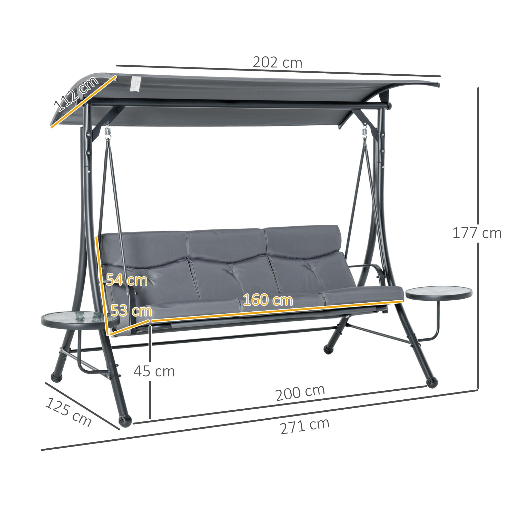 Outsunny Hollywoodschaukel mit Couchtische, 3-Sitzer Gartenschaukel mit verstellbarem Sonnendach, Schaukelbank belast bis 300kg, für Garten, Terrasse, 271 x 125 x 172 cm, Grau