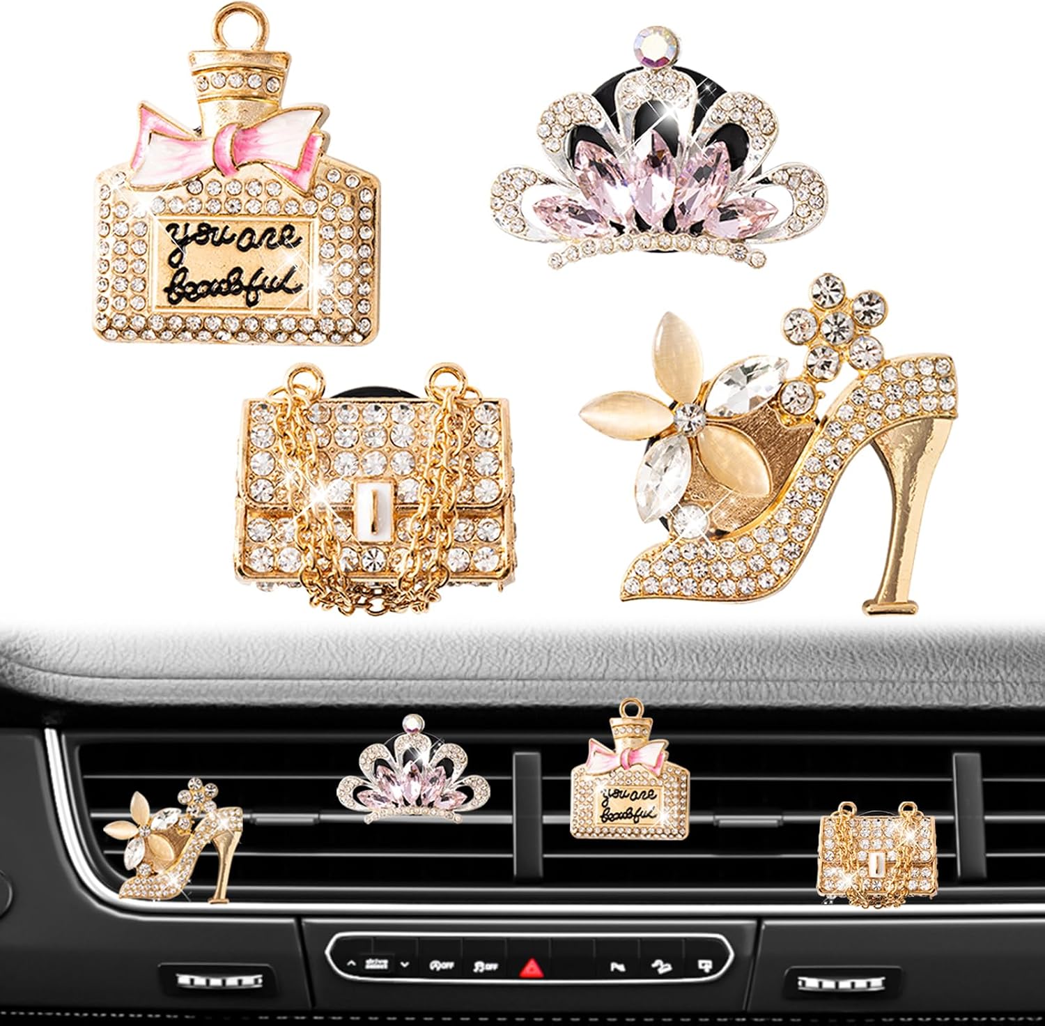 Rislobx 4PCS Bling Air Freshener Vent Clip, Crystal Diamond High Heel Shoe Bag Crown Perfume Bottle Diffuser Vent Clip Cute Car Bling Accessories Decoration for Women (Gold)