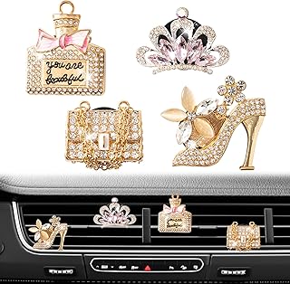 4PCS Bling Air Freshener Vent Clip, Crystal Diamond High Heel Shoe Bag Crown Perfume Bottle Diffuser Vent Clip Cute Car Bling Accessories Decoration for Women (Gold)