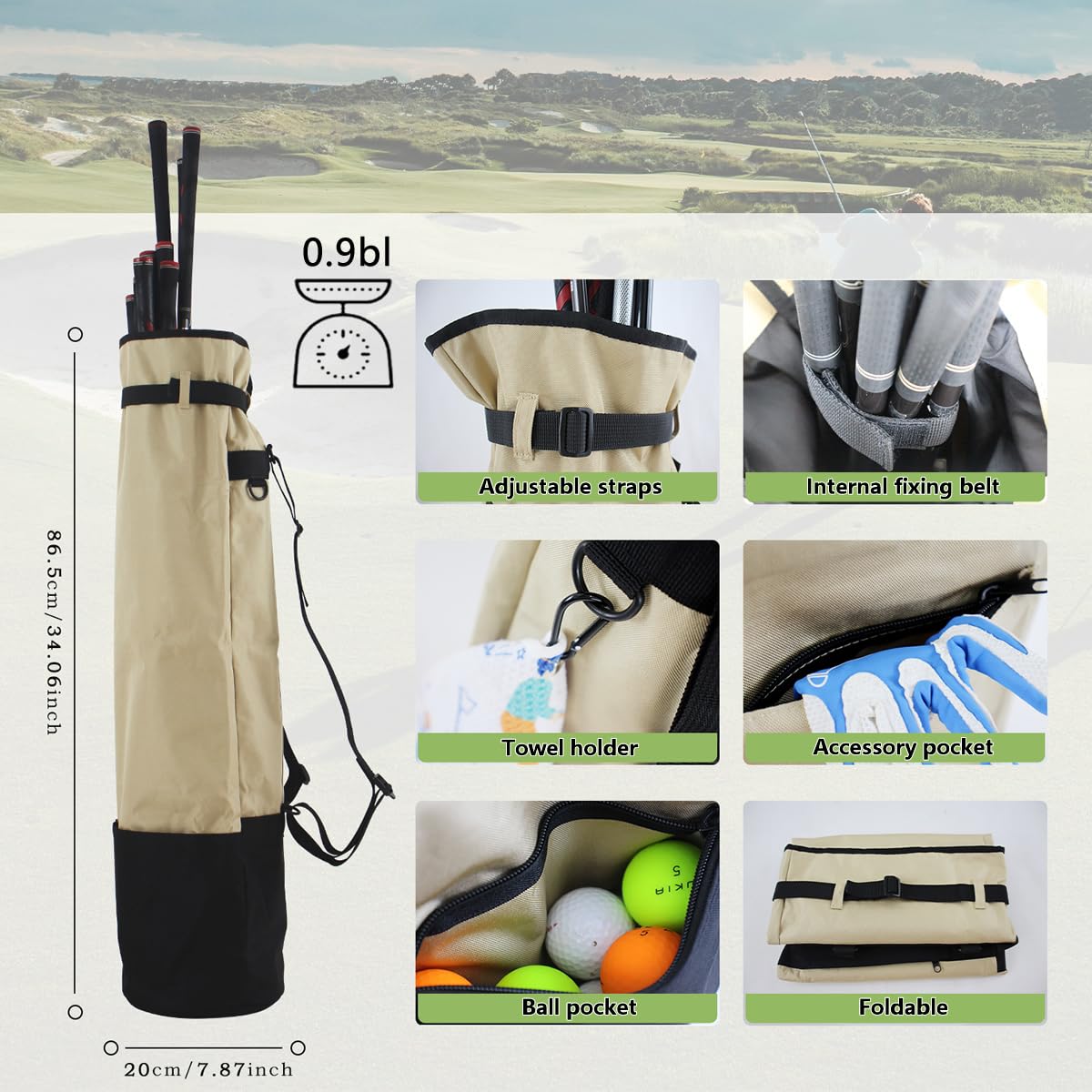 Petit sac de golf léger (transport de 8 à 10 clubs) Par 3 Petit sac de golf Pitch n Putt Petit sac de golf / entraînement, pliable et réglable Double sangles pour homme/femme Cadeau pour homme/femme