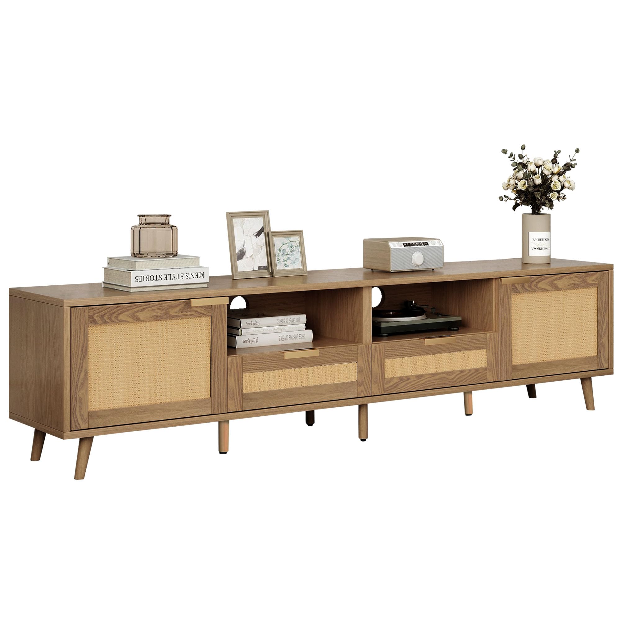 Azkoeesy Mueble para TV de 200 cm de largo, de ratán, con patas de madera maciza y asa, 2 cajones y 2 puertas, color roble