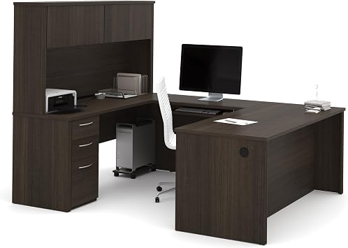 Bestar Embassy 72W U-Shaped Executive Desk with Pedestal and Hutch in Dark Chocolate