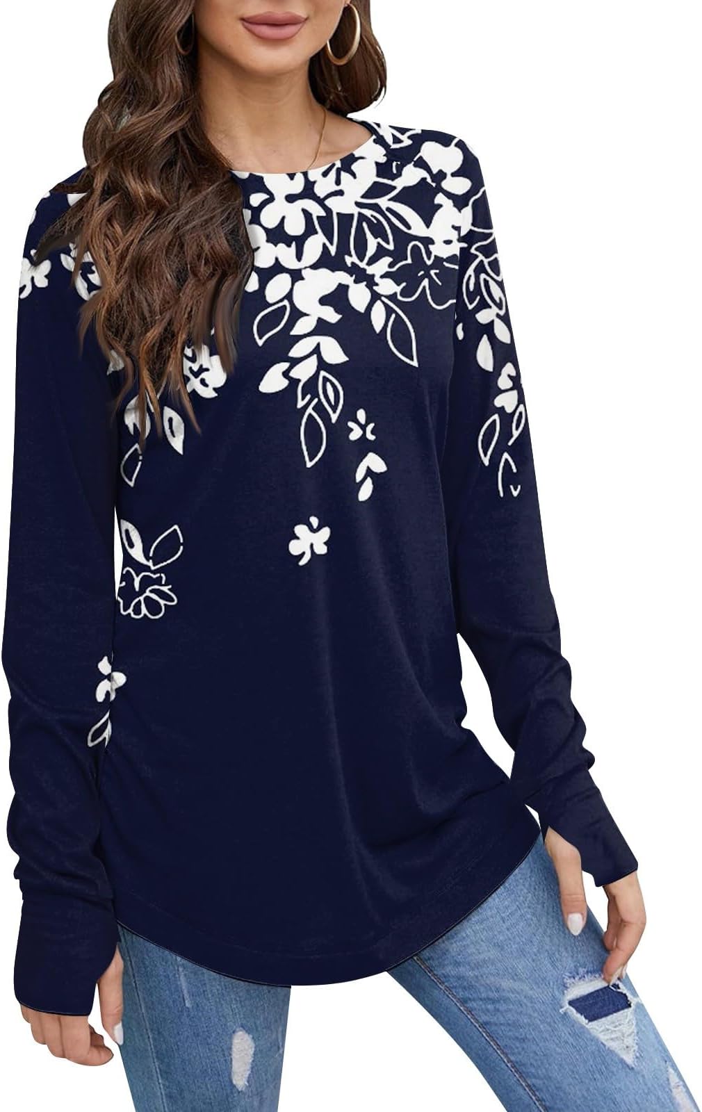 Women's Spring Long Sleeve Tops O-Neck Patchwork Basic T-Shirts Blouse Tunic Tops with Thumb Holes