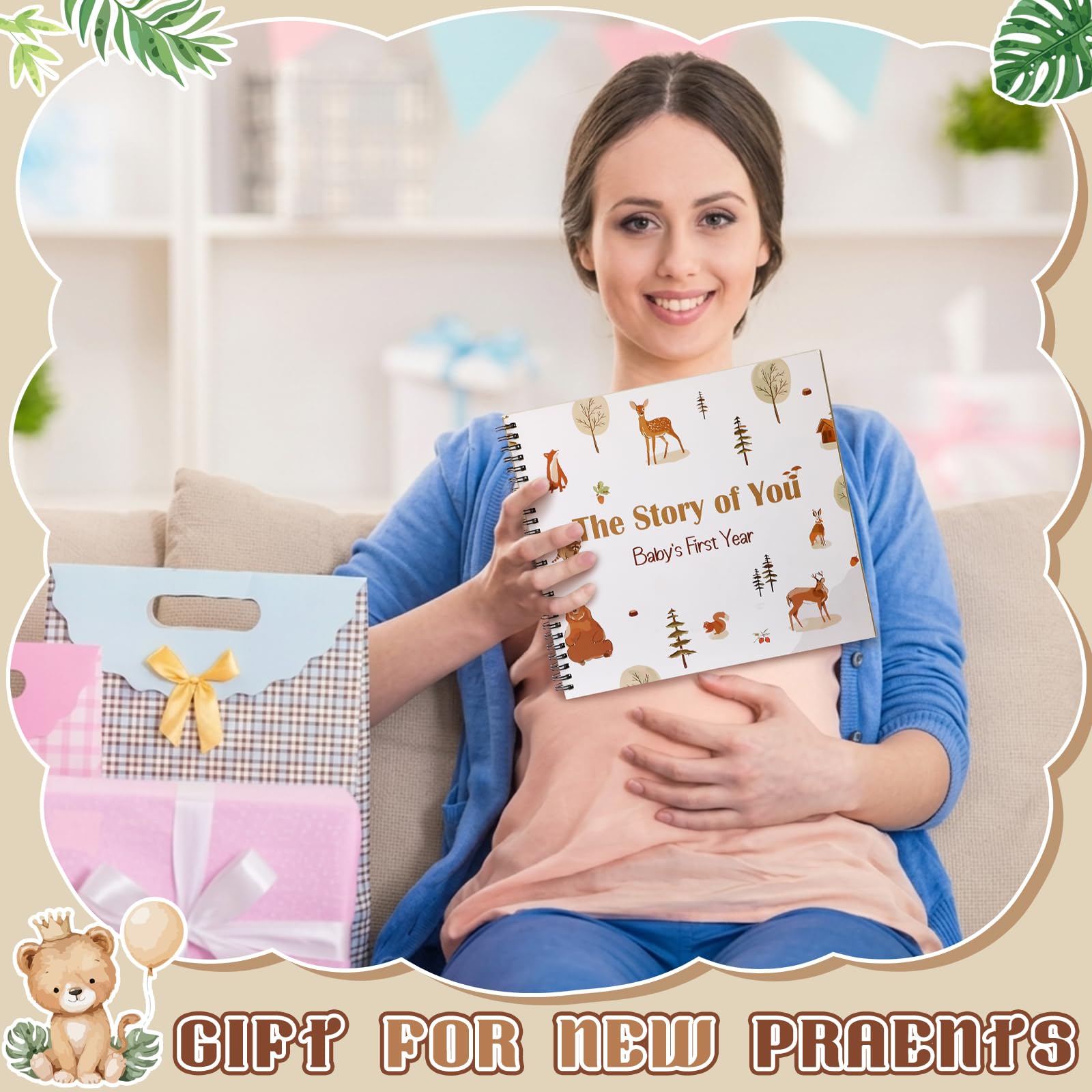 Motiskyy 32-seitiges Baby-Erinnerungsbuch mit 8 Taschen, Woodland the Story of You, Babybuch für einen Meilenstein-Scrapbook zum Aufzeichnen von der Geburt bis zum Alter von 1 Jahr