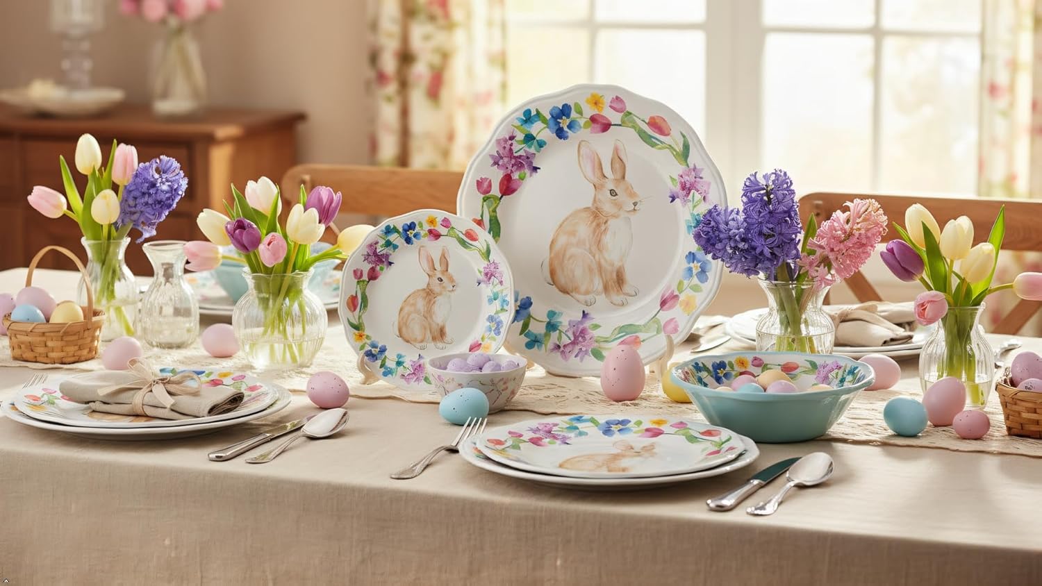 UPware 12 Piece Floral Bunny Melamine Dinnerware Sets, Outdoor Dishes Set, Plates and Bowls Sets, Easter Decorations, Service for 4, Multicolor