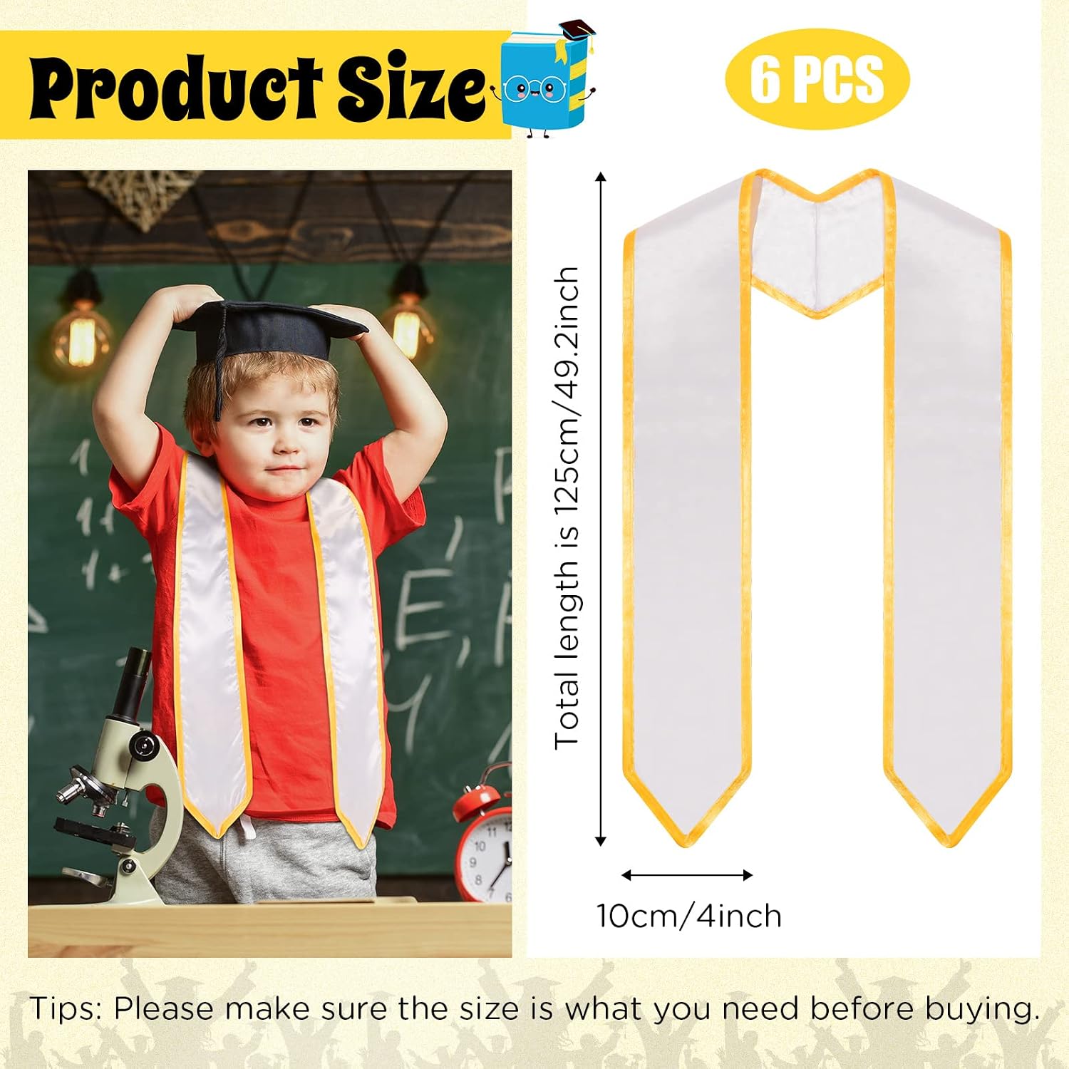 Xtinmee 6 Pcs 49'' Unisex Preschool Graduation Stole, Kindergarten Plain Graduation Sash Bulk Class of 2026 Graduate Stole with Trim Kindergarten Graduate Sash for Kids Grad Gifts