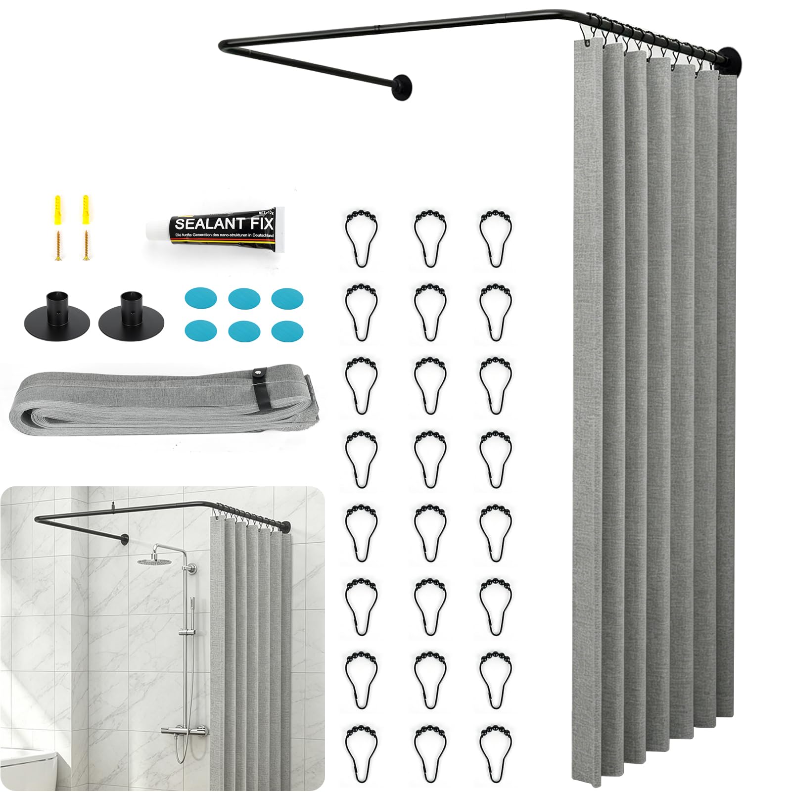 Tringle Douche en U Sans Perçage, Barre Extensible avec Kit Rideau Douche | Kit Complet avec Rideau Douche Imperméable, Anneaux et Colle Sans Clou pour Douche d'angle, Petites Salles de Bain, Vestiaire