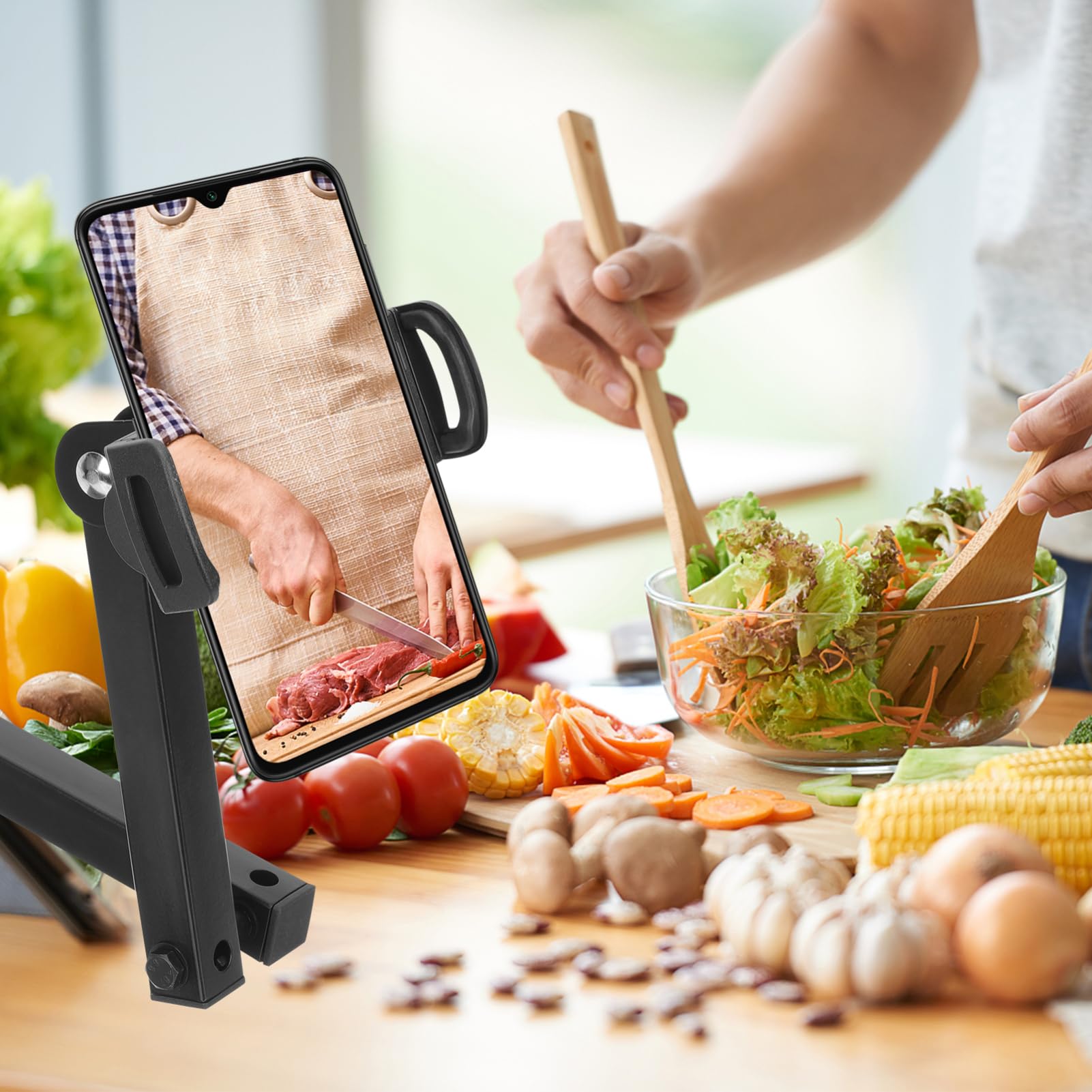 NUOBESTY Supporto da Parete per Telefono e Tablet in Lega di Alluminio Nero | Bracci Regolabili, Sfere Girevoli, Clip Robusta, Pieghevole e Ruotabile a 360°