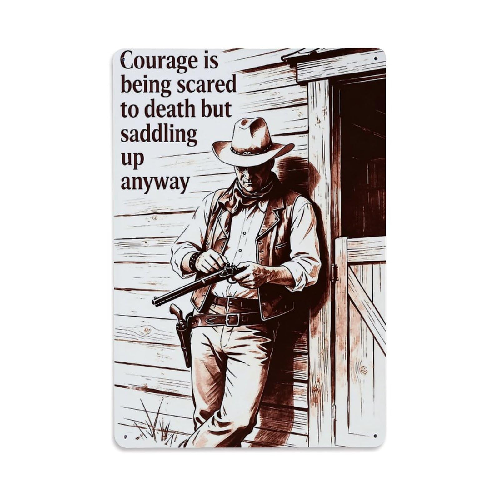 Cowboy Holding Pistol Against Barn Retro Metal Tin Sign, Vintage Decor Art Poster for Bar, Home, Man Cave, Kitchen, Laundry Room Gift 8x12Inch