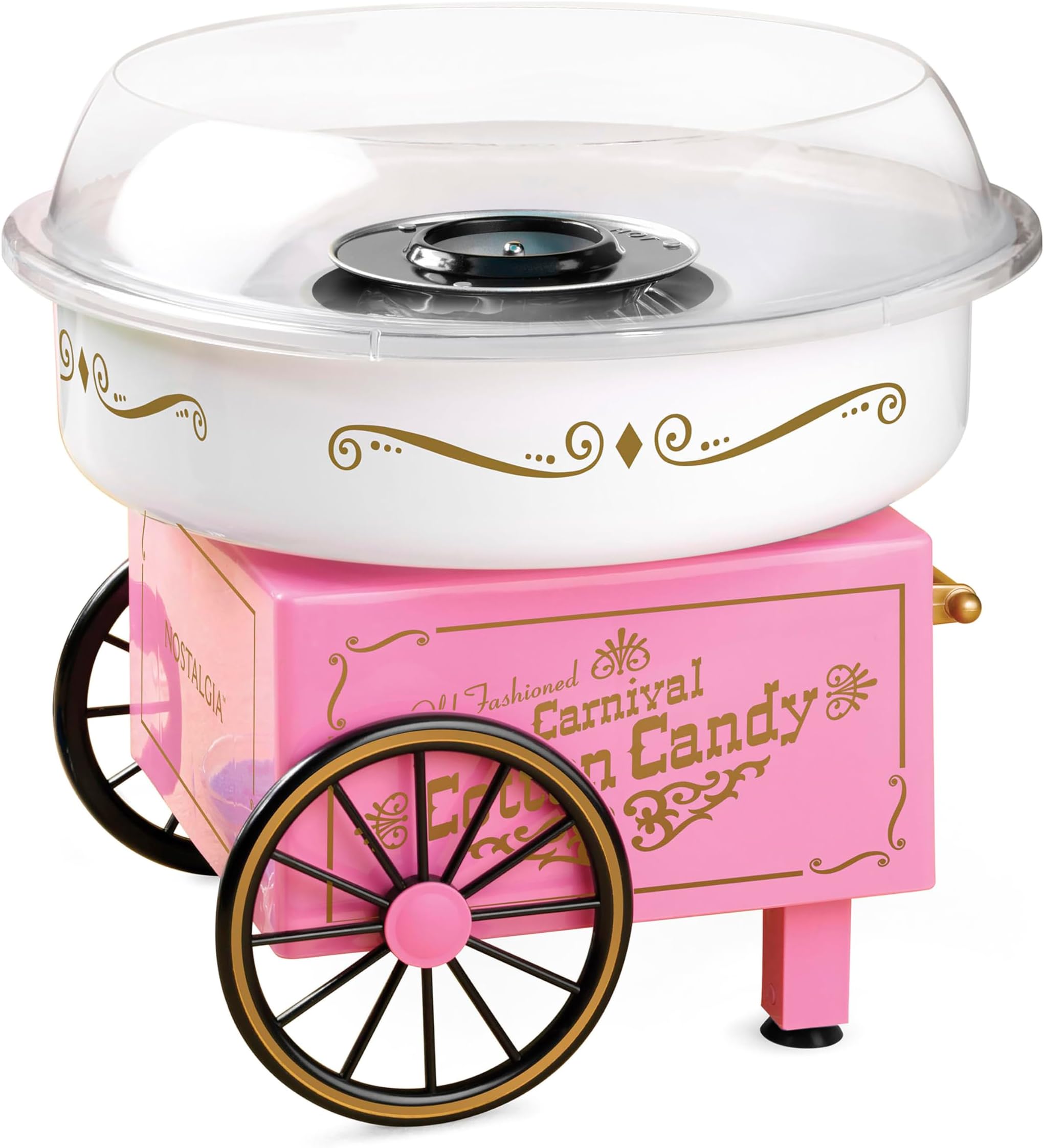 Nostalgia PCM306PK Vintage Hard Free Countertop Cotton Candy Maker, Includes 2 Reusable Cones And Sugar Scoop – Pink