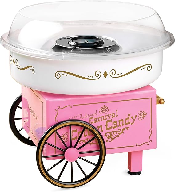Nostalgia Vintage Hard and Sugar Free Candy Countertop Cotton Candy Maker, Includes 2 Reusable Cones And Sugar Scoop – Pink