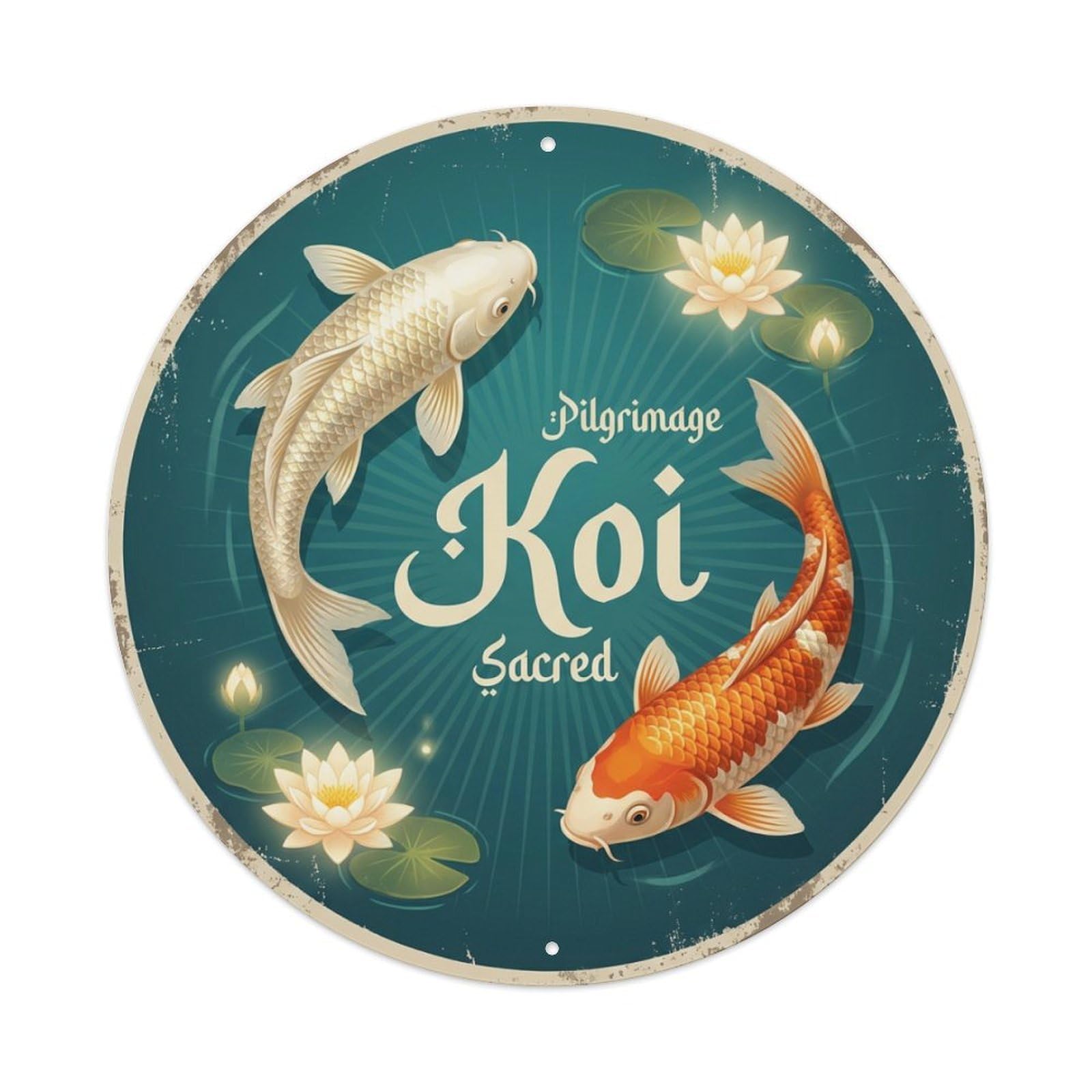 Koi Fish Pilgrimage Sacred Journey Waters Spiritual Quest Metal Tin Sign