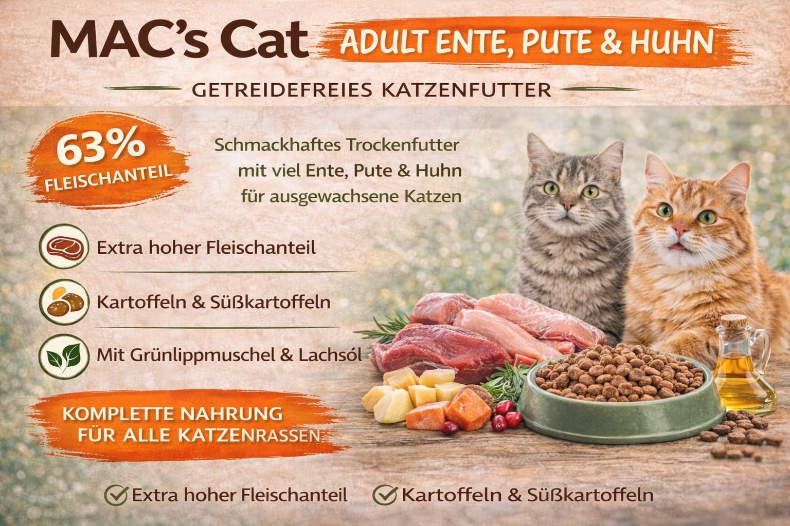 Bundle Mac's Cat Adult Ente, Pute & Huhn 7kg | Getreidefreies Katzen Trockenfutter | 63% Geflügel | mit Lachsöl, Cranberries & Grünlippmuschel | inkl. Mac's Paw Power Drink 200g gratis
