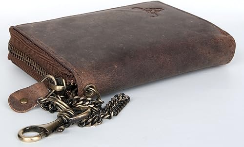 Miniatura 2 de FLW Cartera grande de cuero genuino con cremallera alrededor (cremallera alrededor) con una cadena, Beige Bronceado, Cartera con cremallera