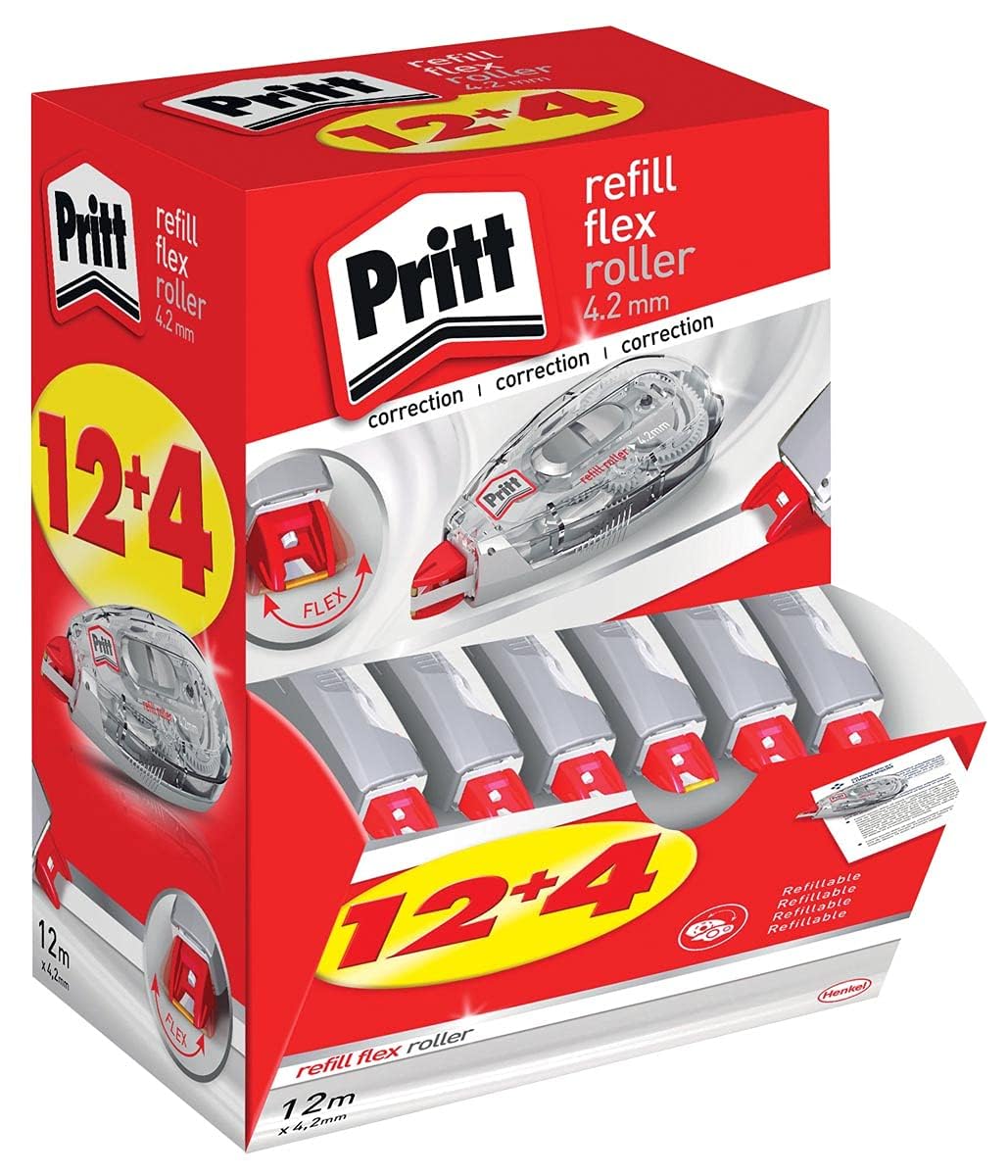 Pritt lot de 16 roller de correction rechargeable, roller de correction pour effacer et corriger, embout flexible & réécriture immédiate, rechargement facile pour éviter le gaspillage