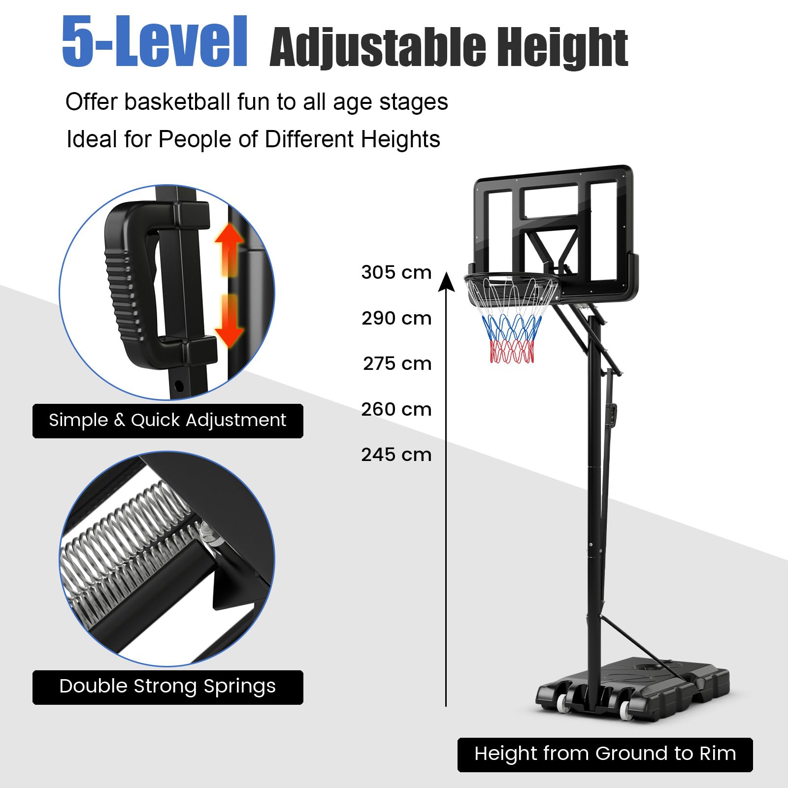 Canasta de Baloncesto Ajustable 143-305 cm con Ruedas y Base Rellenable